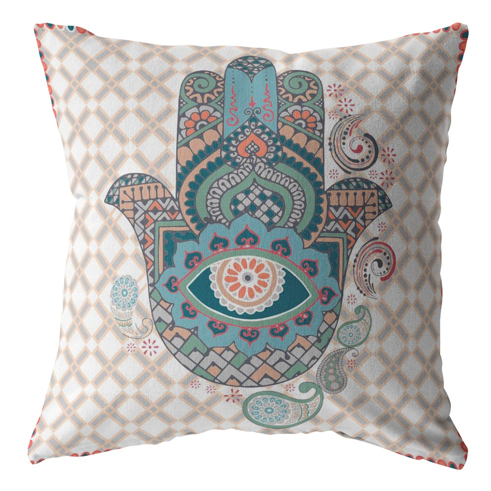 18” Blue Gray Hamsa Indoor Outdoor Zippered Throw Pillow-412838-1