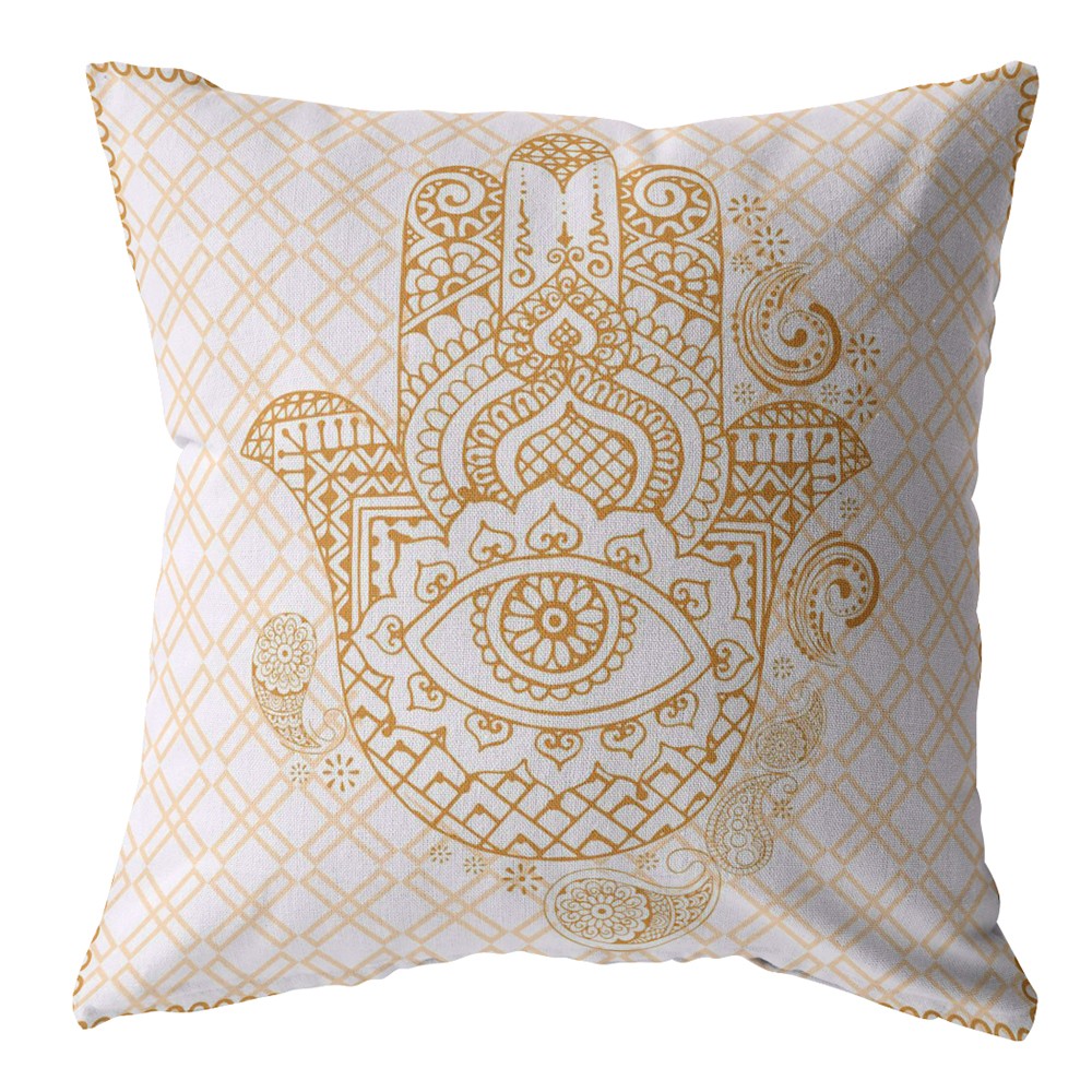 18” Gold White Hamsa Indoor Outdoor Zippered Throw Pillow-412842-1