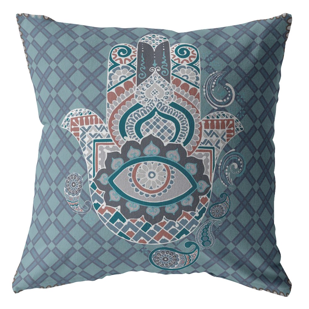 18” Slate Blue Hamsa Indoor Outdoor Zippered Throw Pillow-412854-1