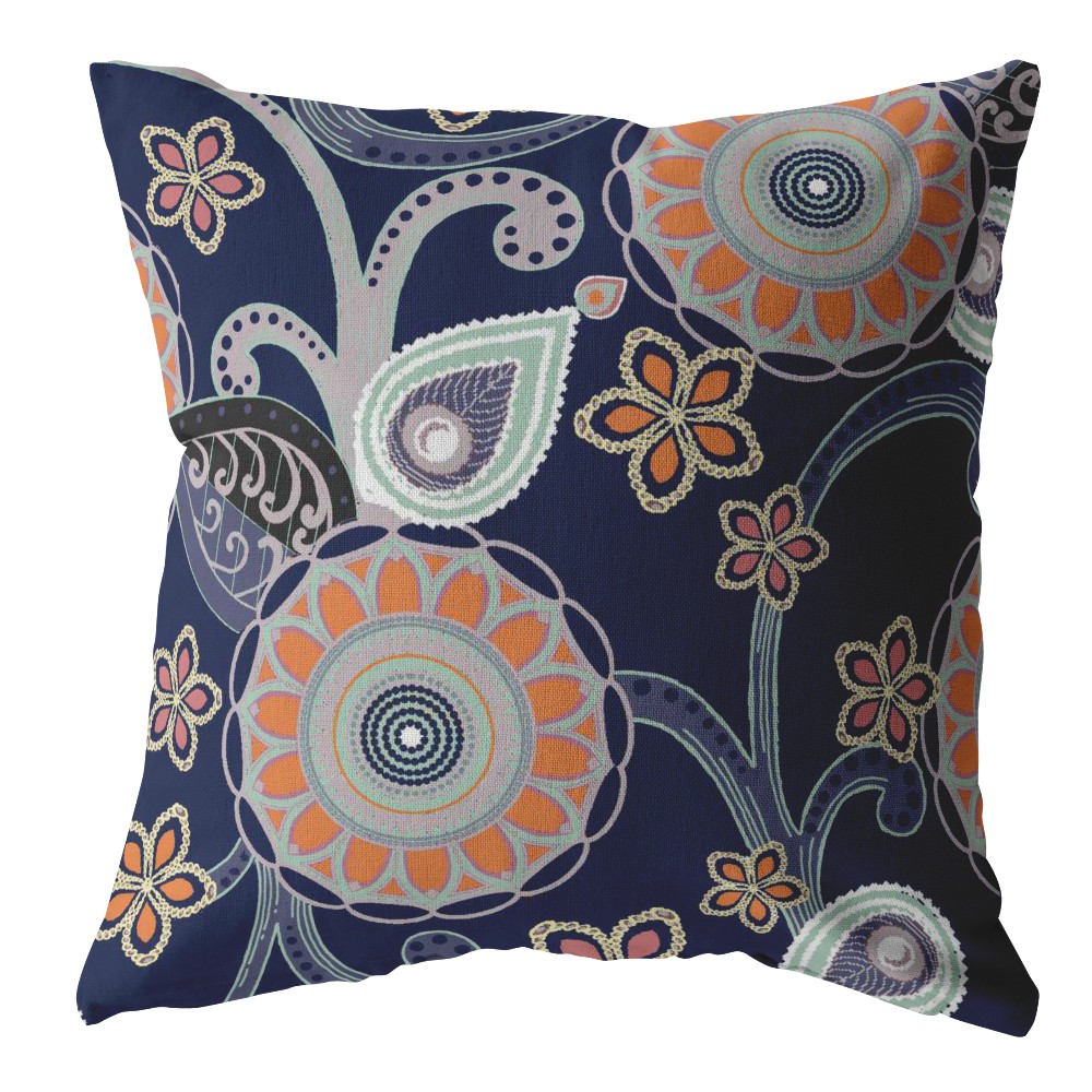 18” Indigo Orange Floral Indoor Outdoor Zippered Throw Pillow-412934-1