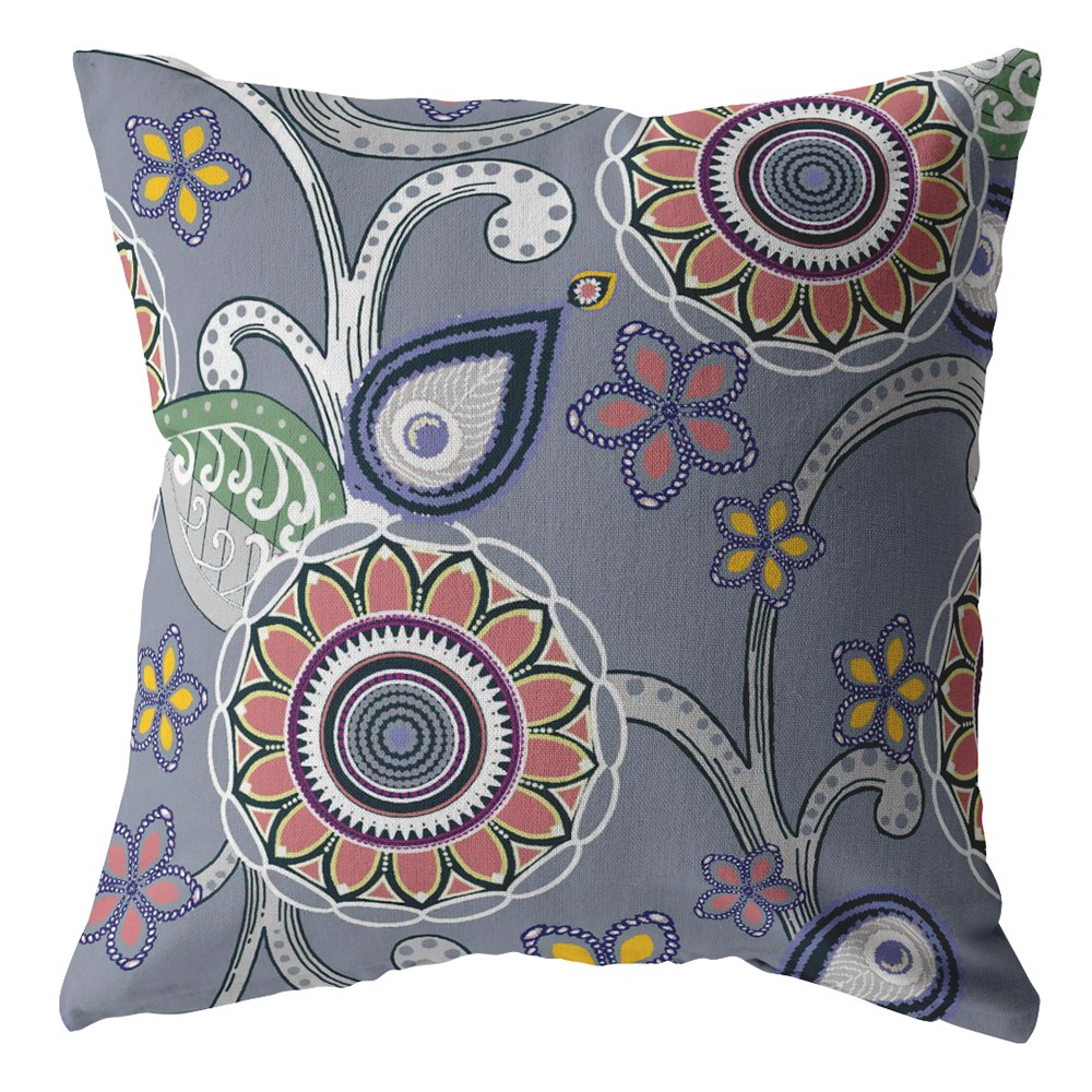 18” Gray Pink Floral Indoor Outdoor Zippered Throw Pillow-412938-1
