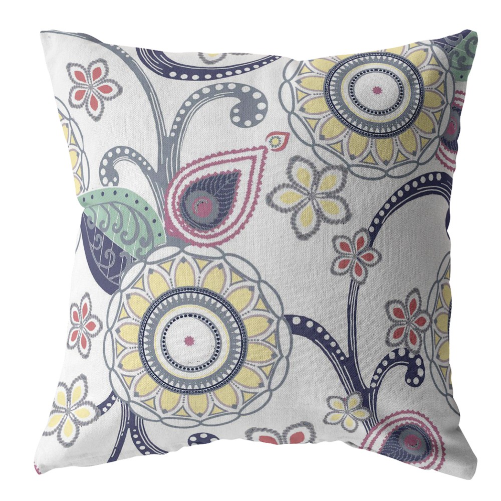 18” White Yellow Floral Indoor Outdoor Zippered Throw Pillow-412942-1