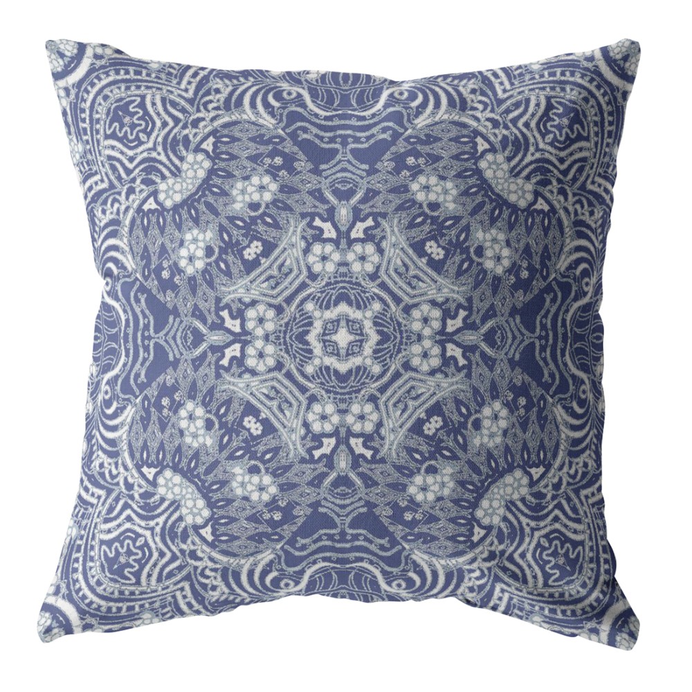 18” Indigo White Boho Ornate Indoor Outdoor Zippered Throw Pillow-413026-1