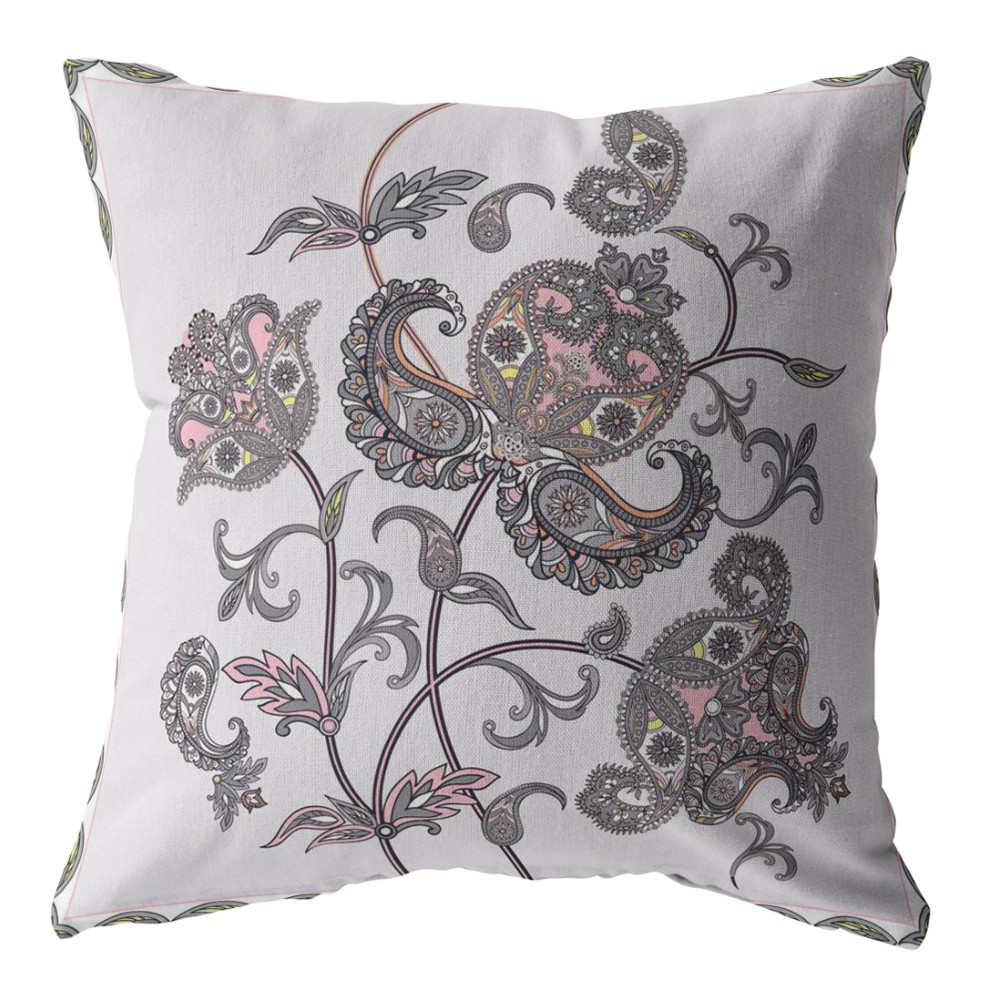 18” Gray White Wildflower Indoor Outdoor Zippered Throw Pillow-413050-1