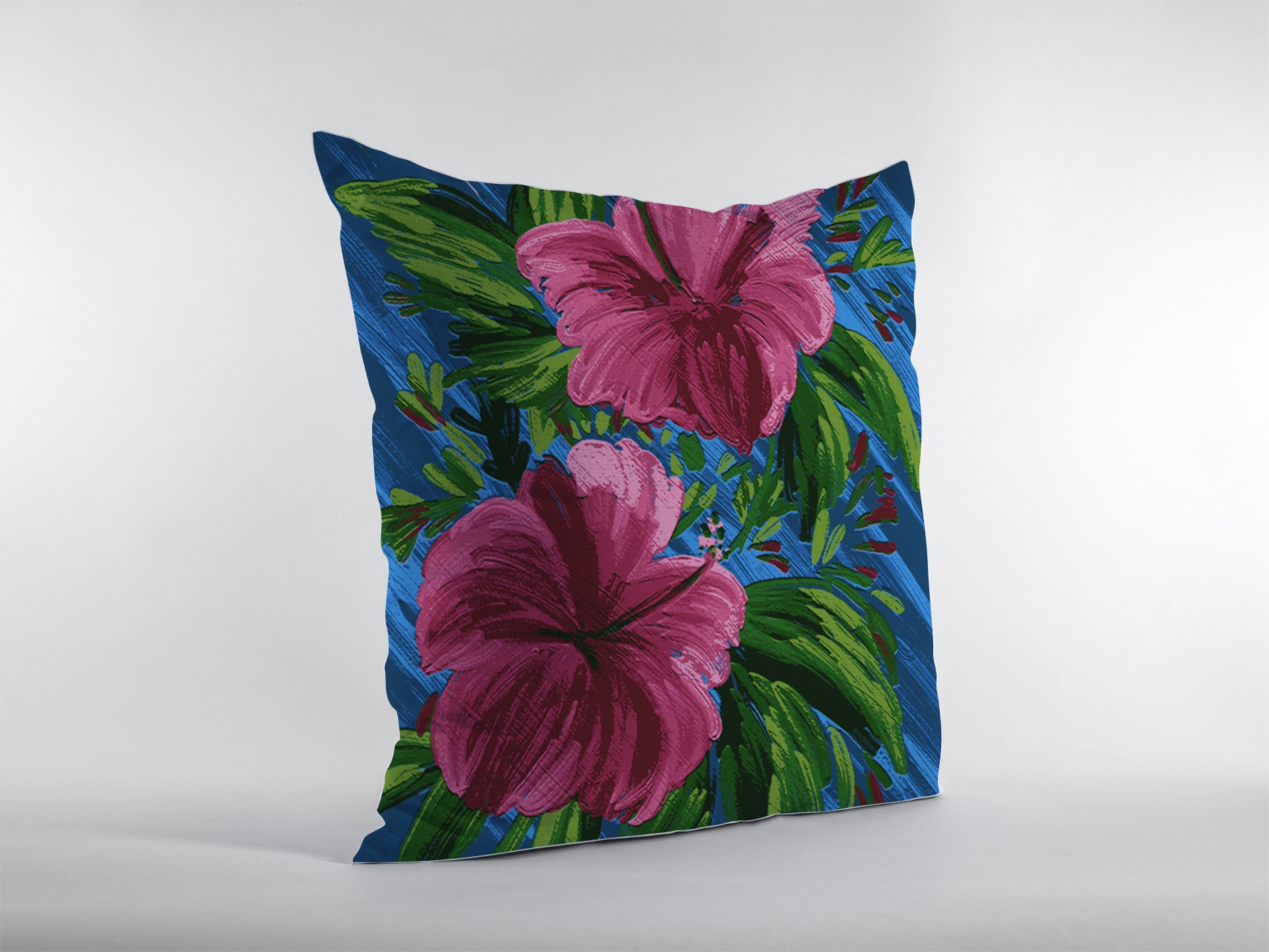 20” Pink Blue Hibiscus Suede Decorative Throw Pillow-413242-1