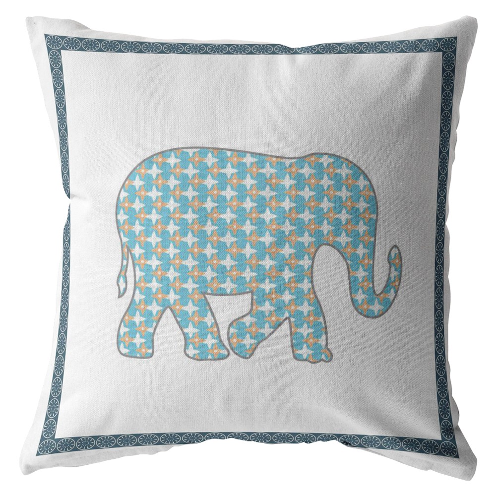 18” Blue White Elephant Boho Suede Throw Pillow-413274-1