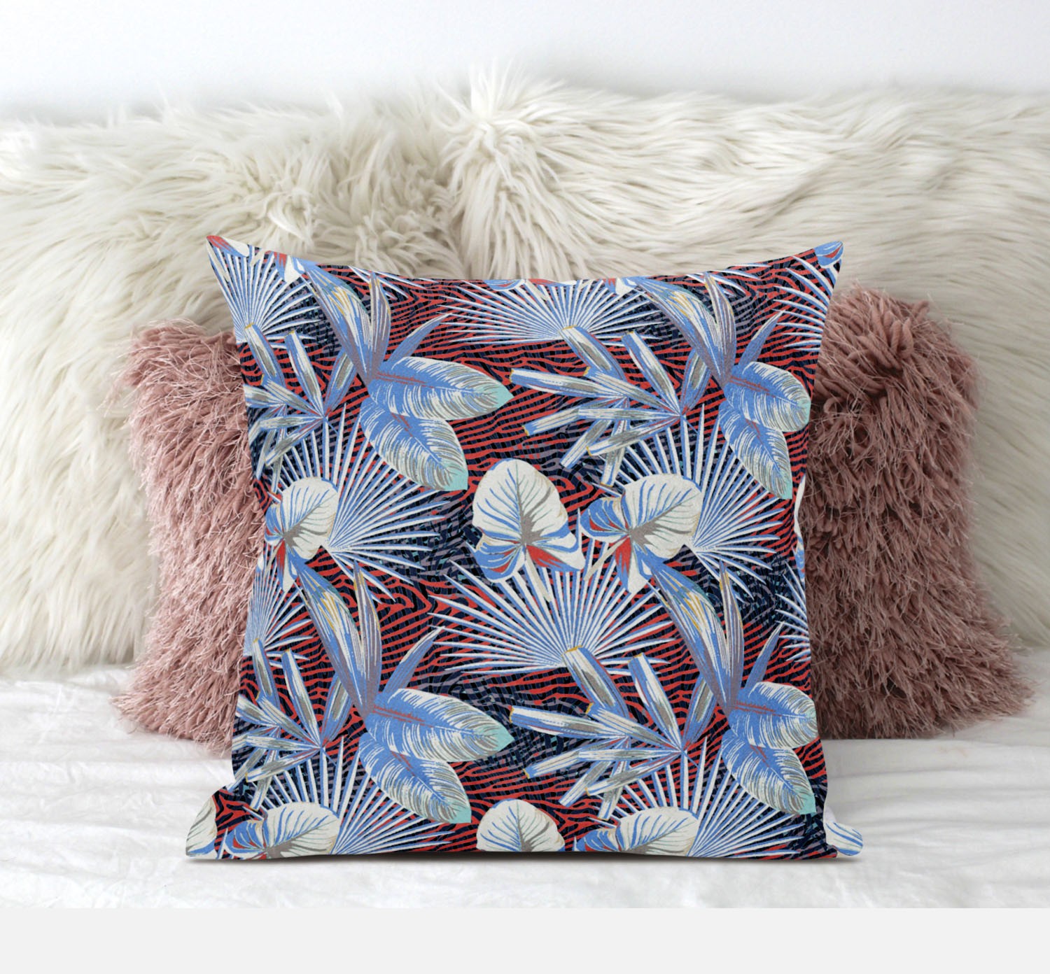20” Blue Red Tropical Zippered Suede Throw Pillow-413563-1