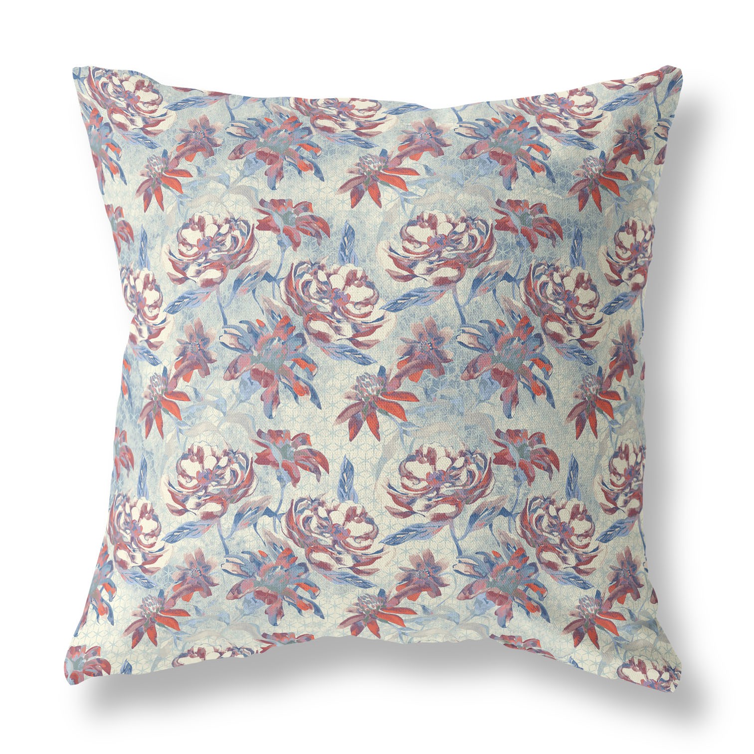 18” Red Blue Roses Indoor Outdoor Throw Pillow-413816-1