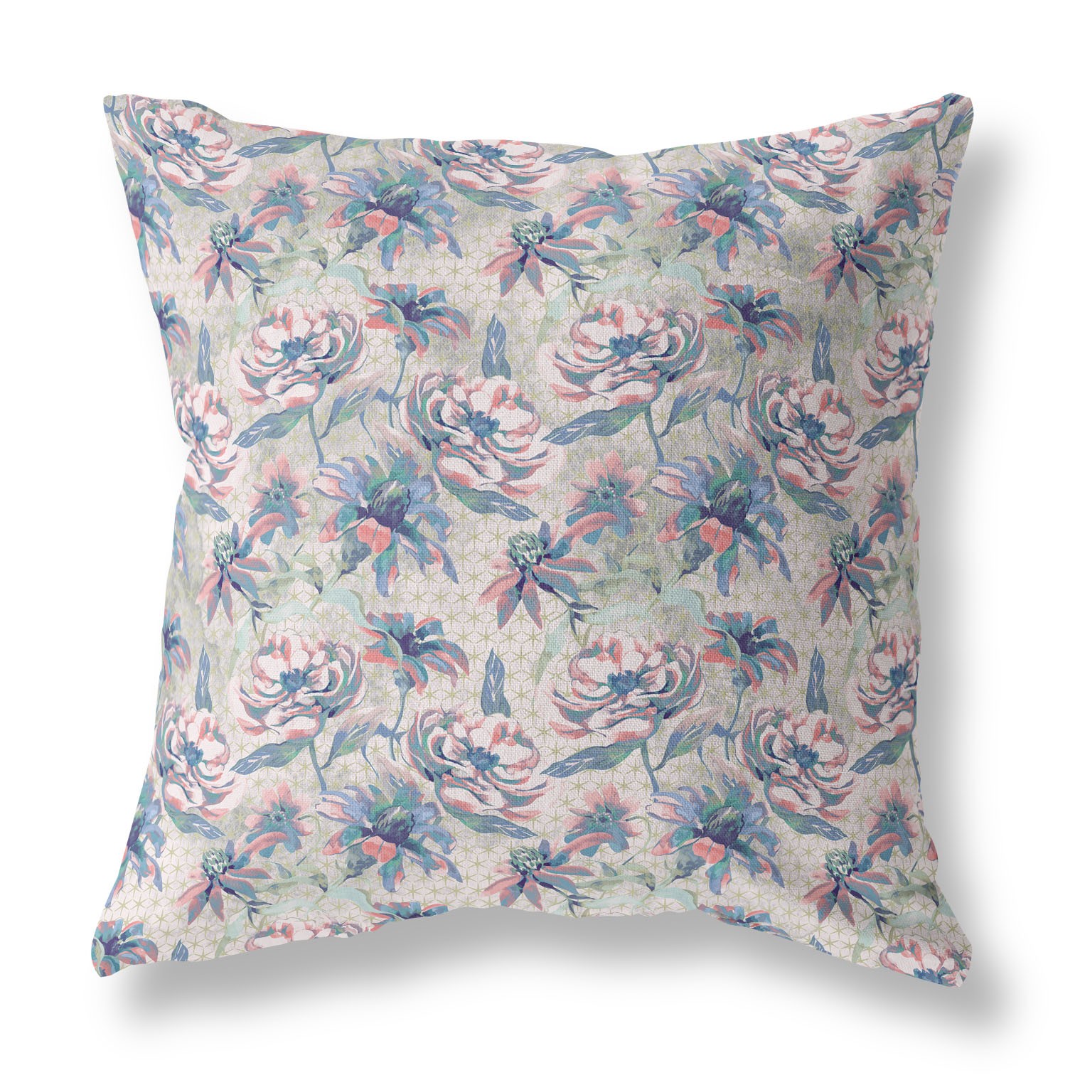18” Blue Pink Roses Indoor Outdoor Throw Pillow-413831-1