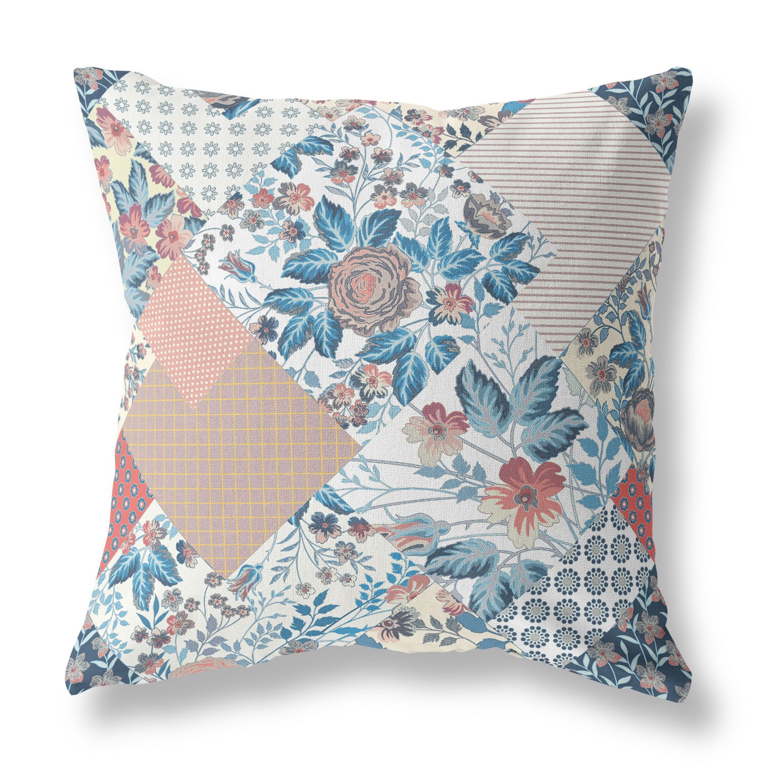 18" White Blue Floral Indoor Outdoor Throw Pillow-413881-1