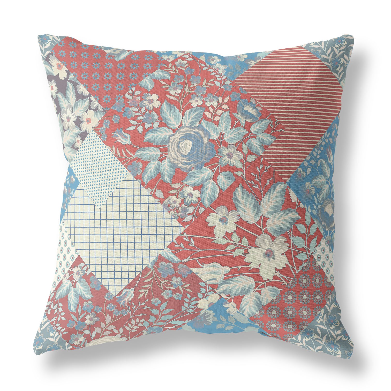 18" Red Blue Boho Floral Indoor Outdoor Throw Pillow-413886-1