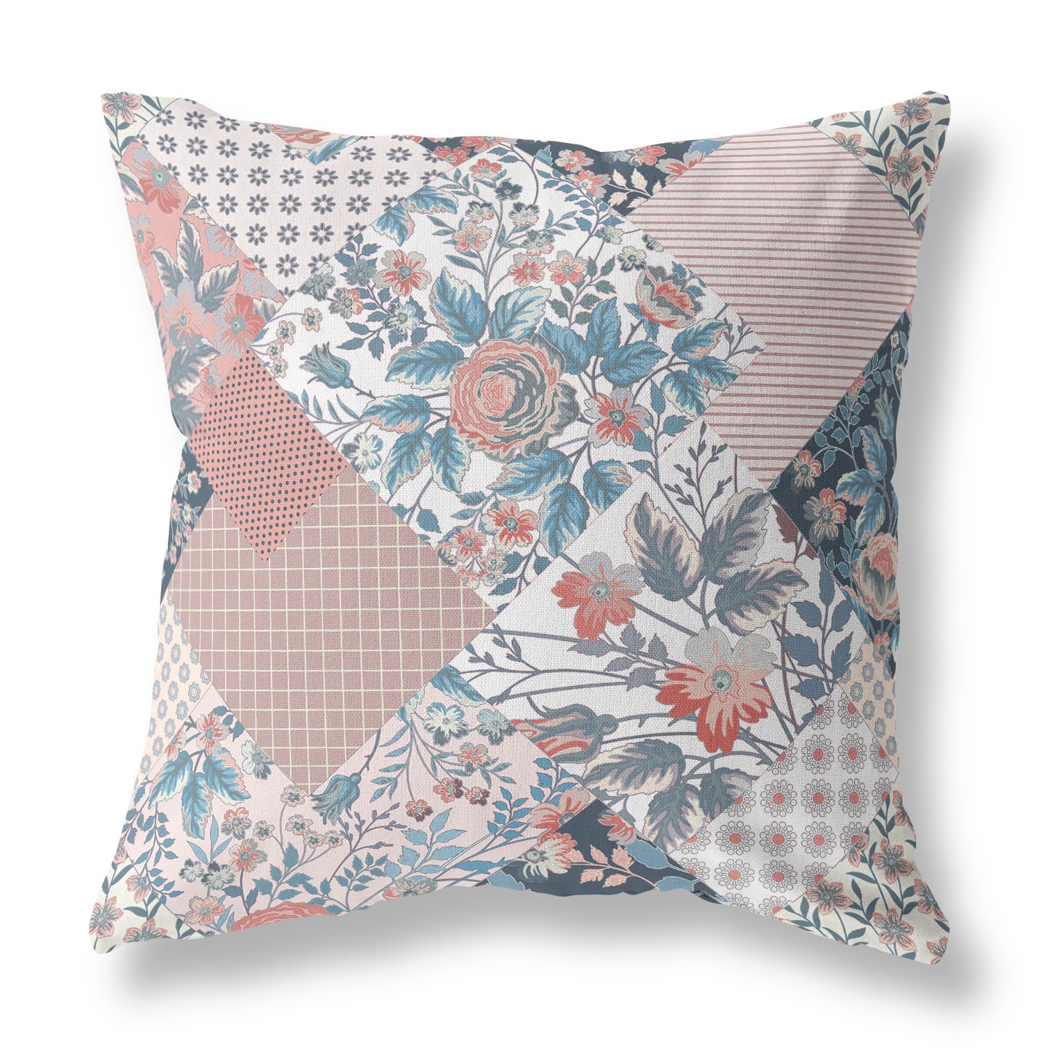 18" Pink Blue Boho Floral Indoor Outdoor Throw Pillow-413891-1
