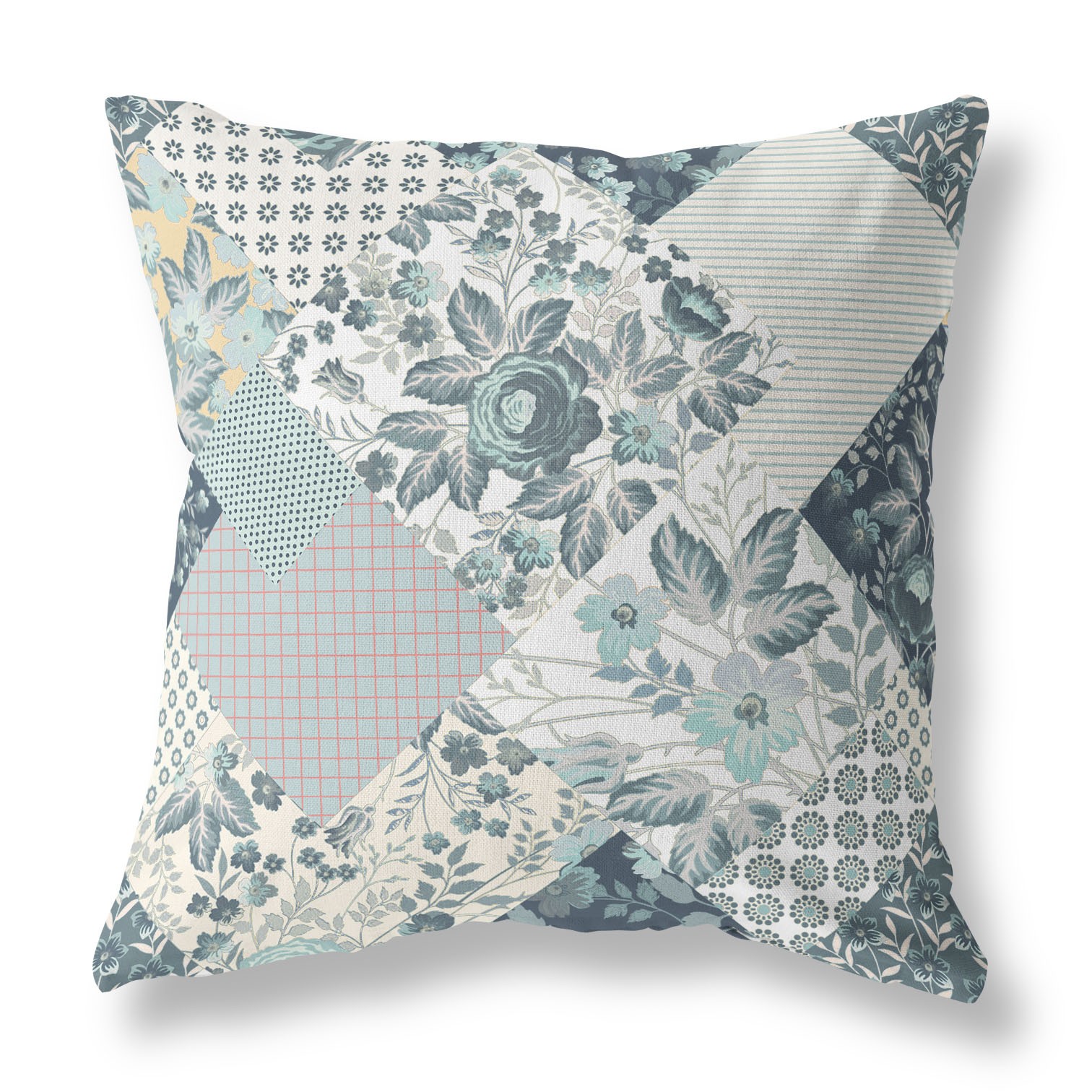 18" Teal White Boho Floral Indoor Outdoor Throw Pillow-413911-1