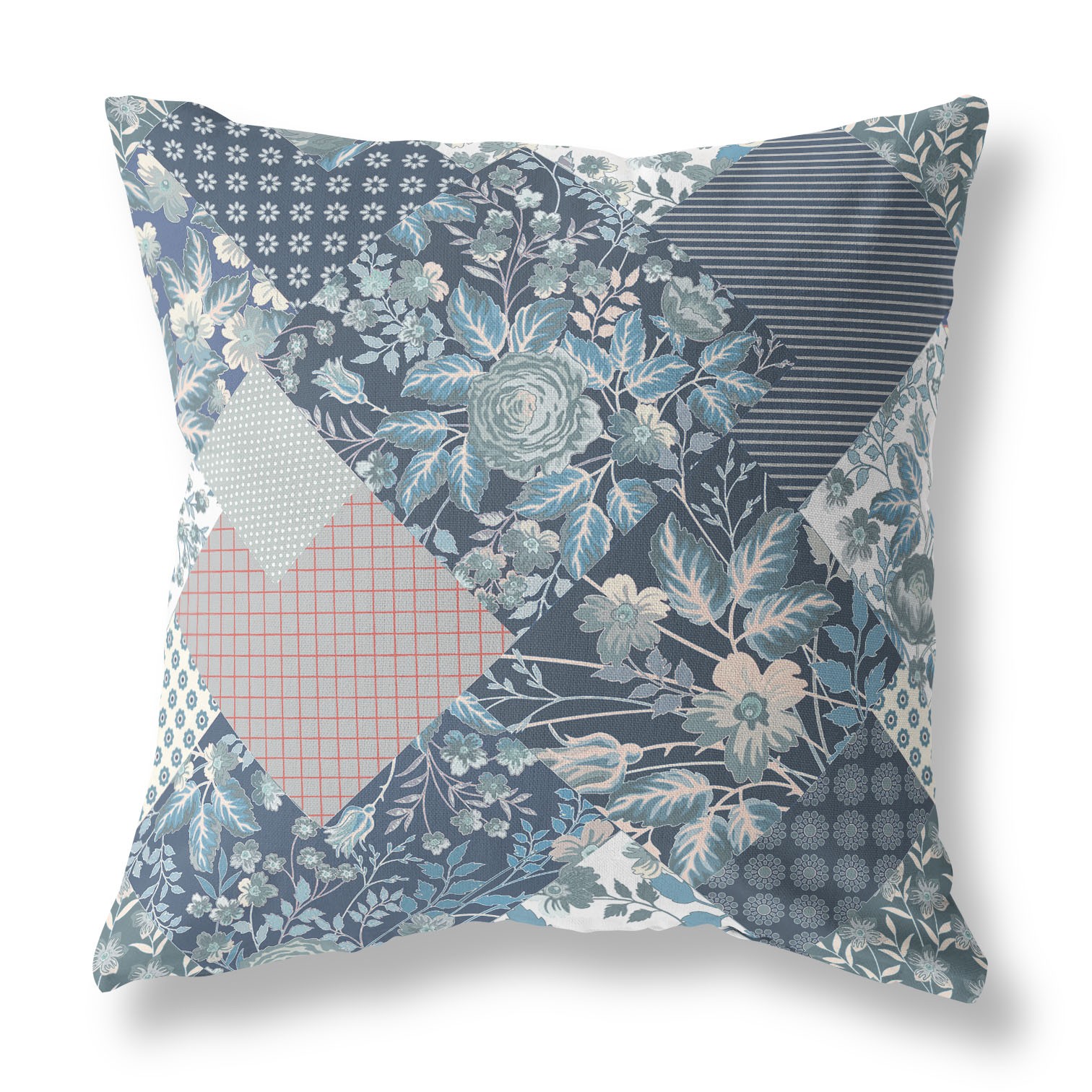 18" Blue White Boho Floral Indoor Outdoor Throw Pillow-413916-1
