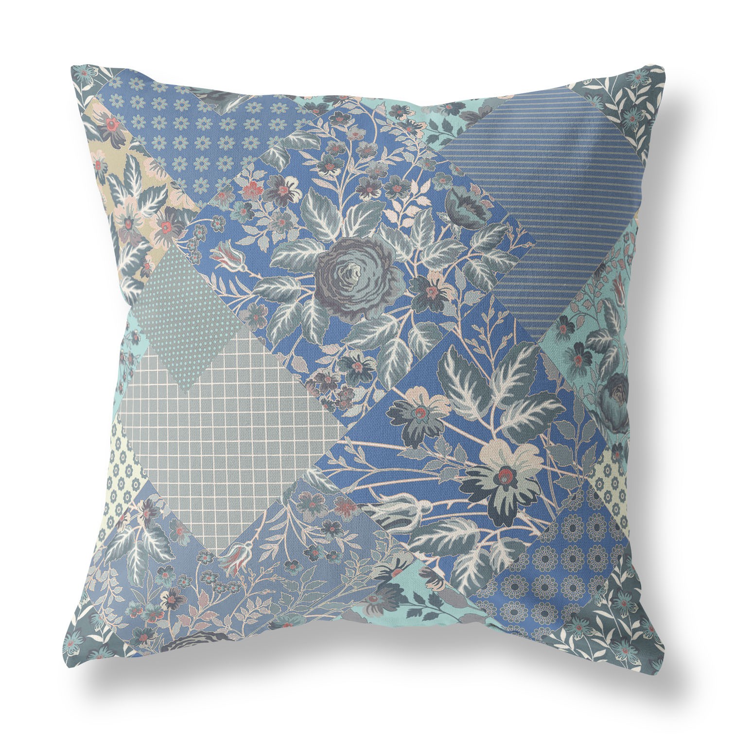 18" Gray Blue Boho Floral Indoor Outdoor Throw Pillow-413921-1