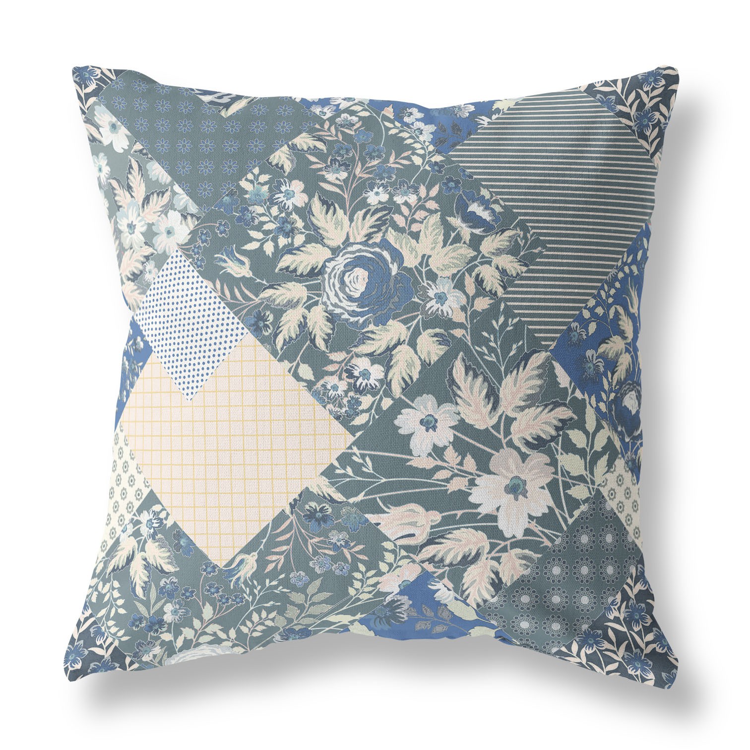 18" Gray Blue Boho Floral Indoor Outdoor Throw Pillow-413936-1