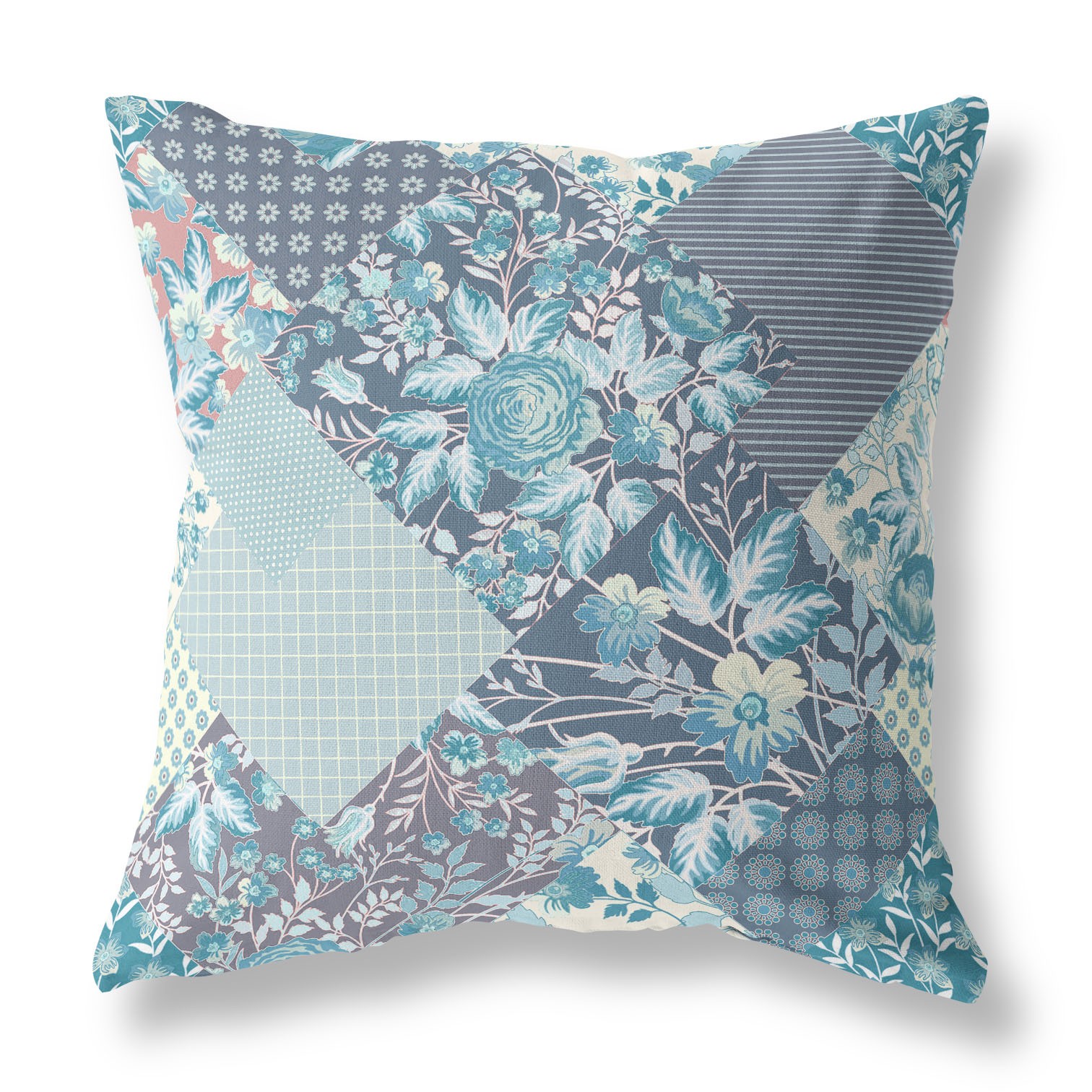 18" Aqua Navy Boho Floral Indoor Outdoor Throw Pillow-413956-1