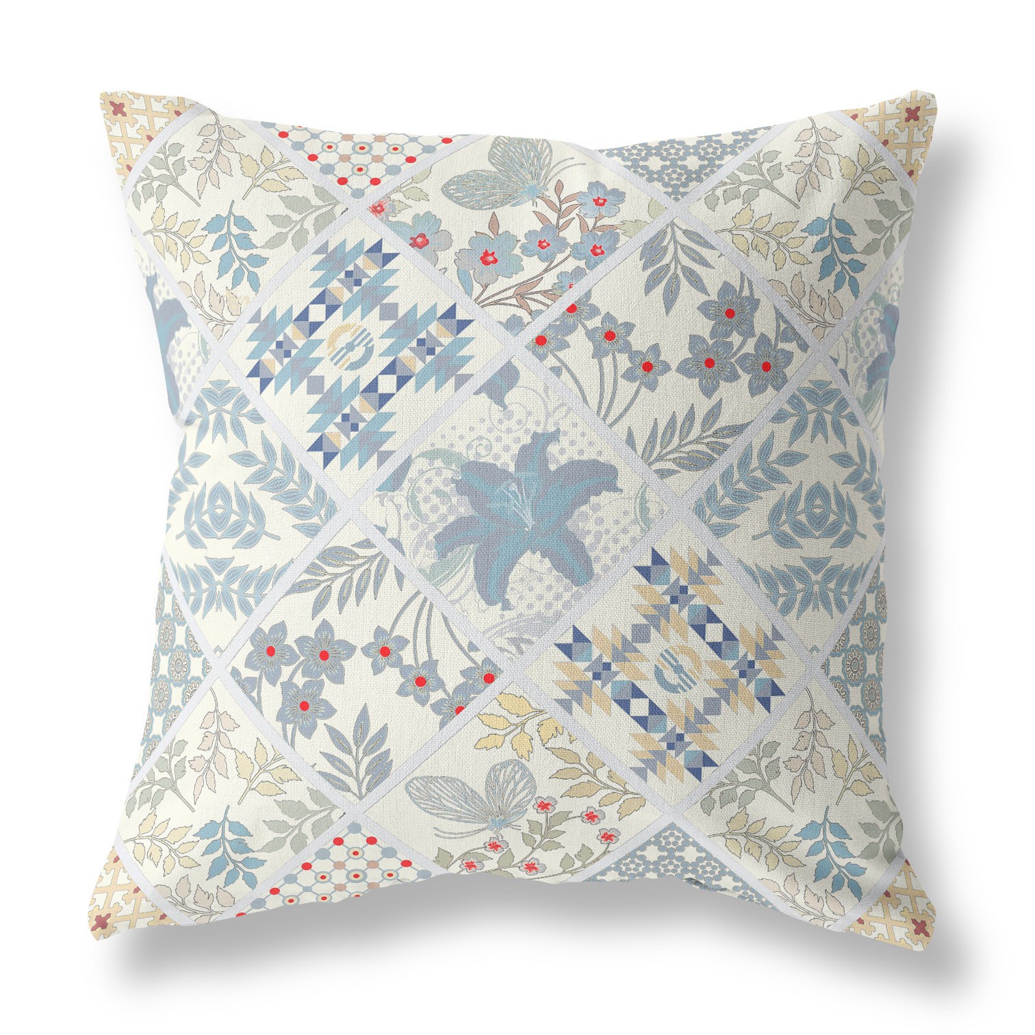 18” White Blue Patch Indoor Outdoor Throw Pillow-413964-1