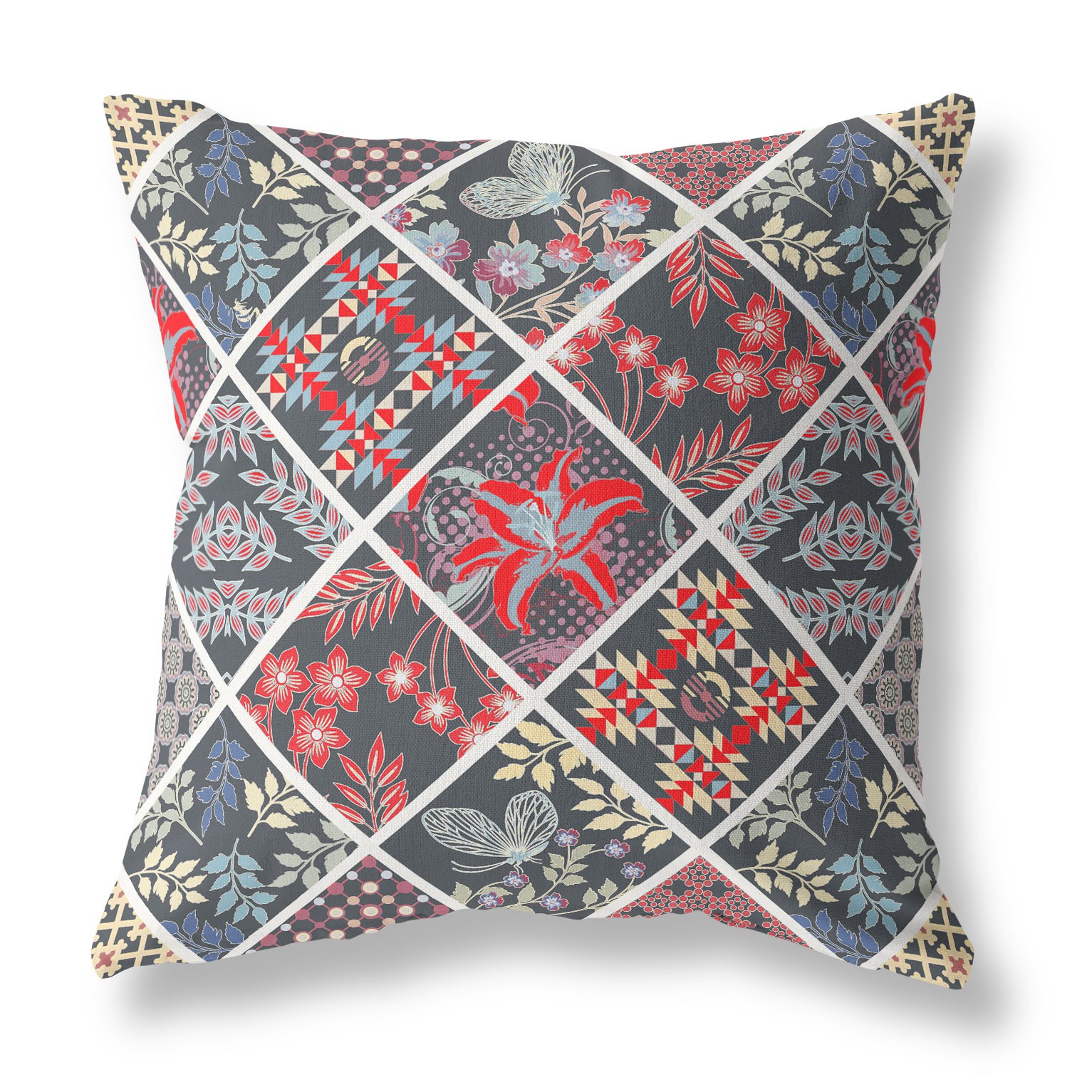 18” Black Red Patch Indoor Outdoor Throw Pillow-414037-1