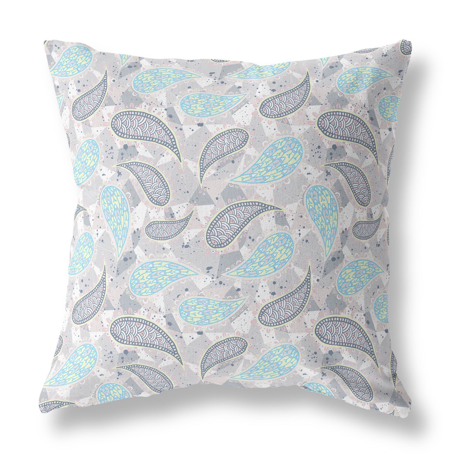 20” Gray Turquoise Boho Paisley Indoor Outdoor Throw Pillow-414079-1