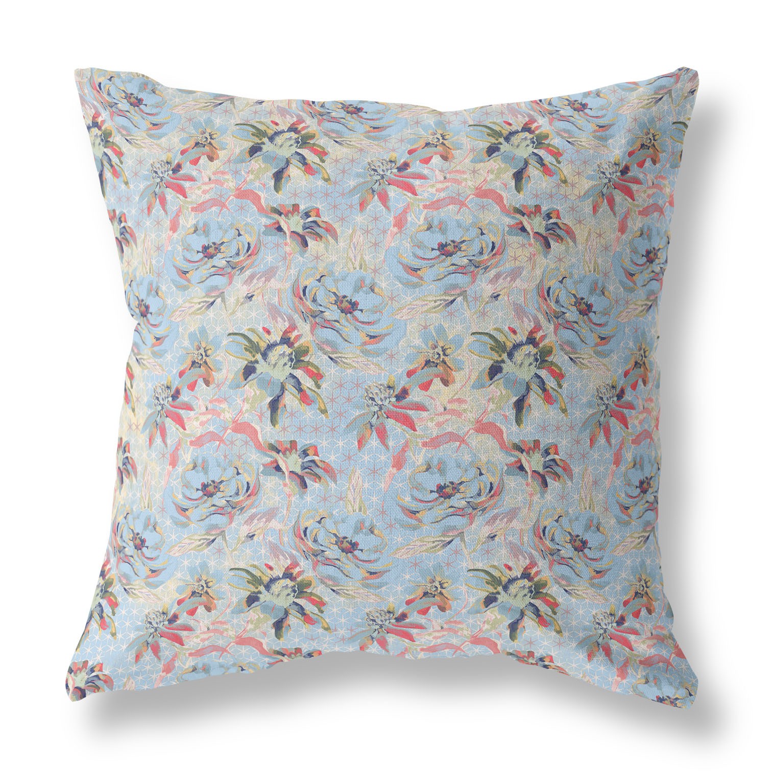 18” Light Blue Red Roses Indoor Outdoor Throw Pillow-414459-1