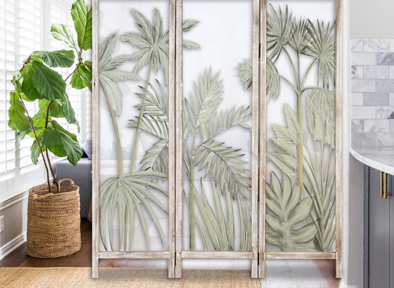 Earthy Opaque Palms Three Panel Room Divider Screen