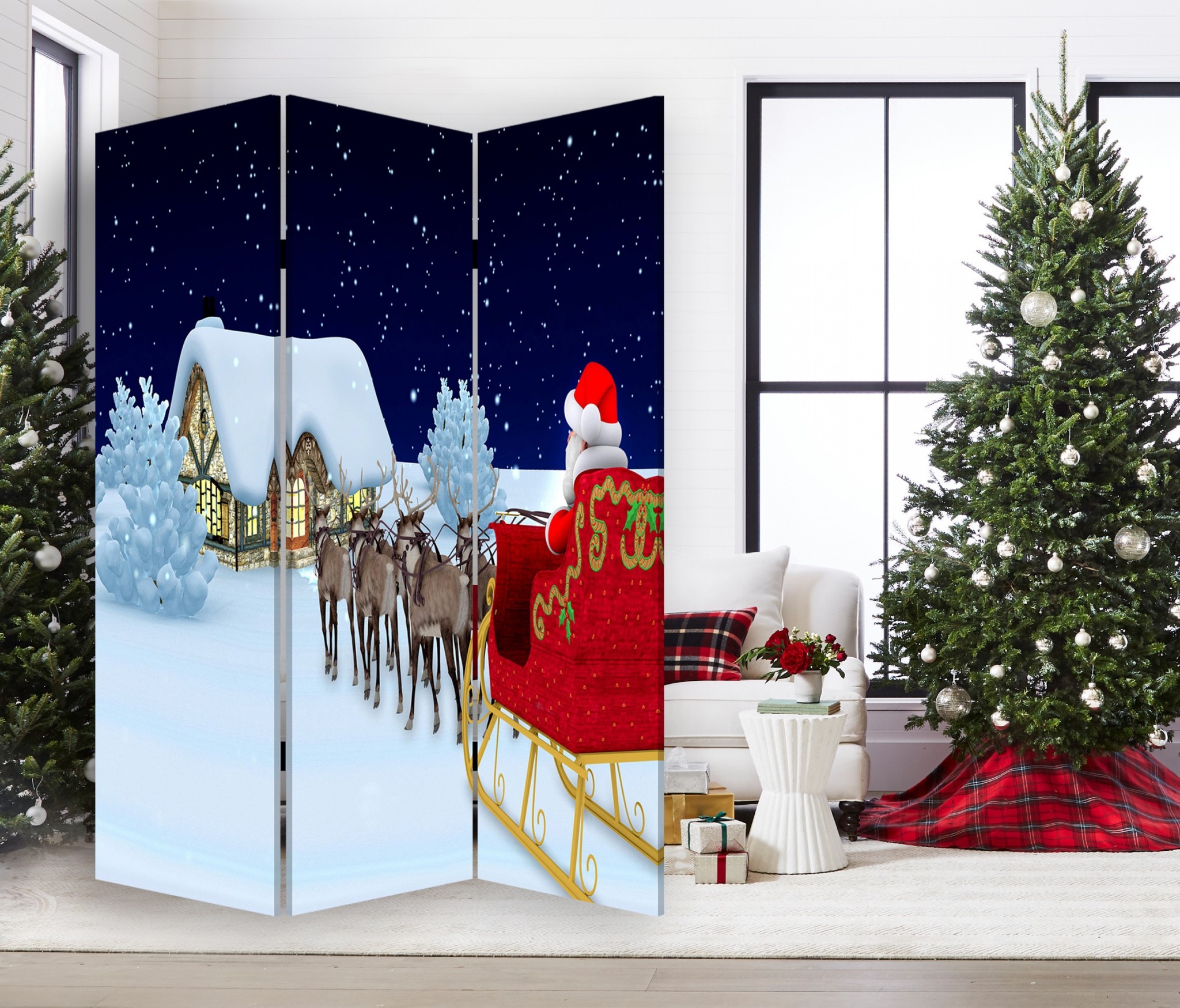 Festive Merry Christmas Three Panel Room Divider Screen