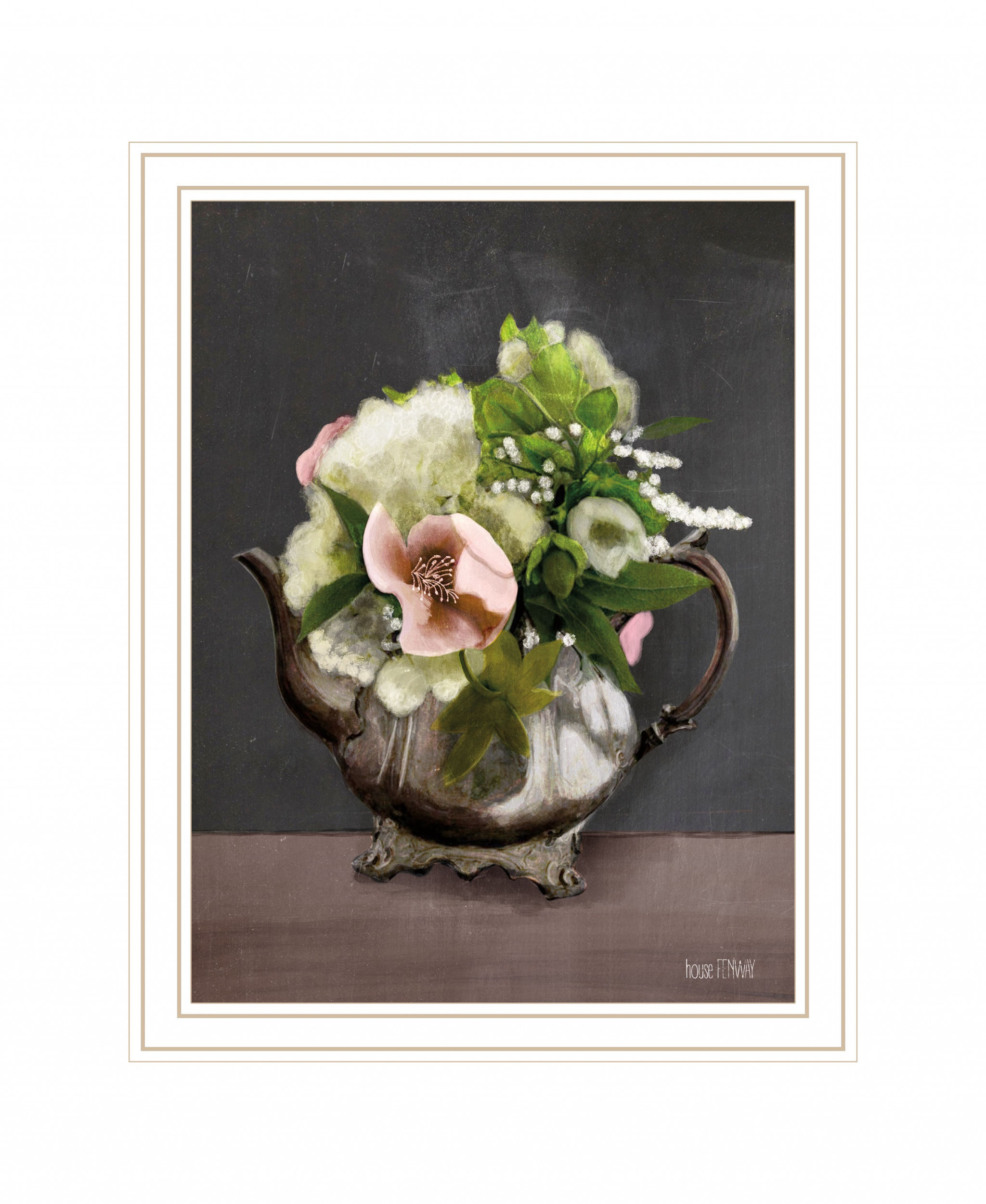 Vintage Floral Tea Pot 3 White Framed Print Wall Art-416214-1