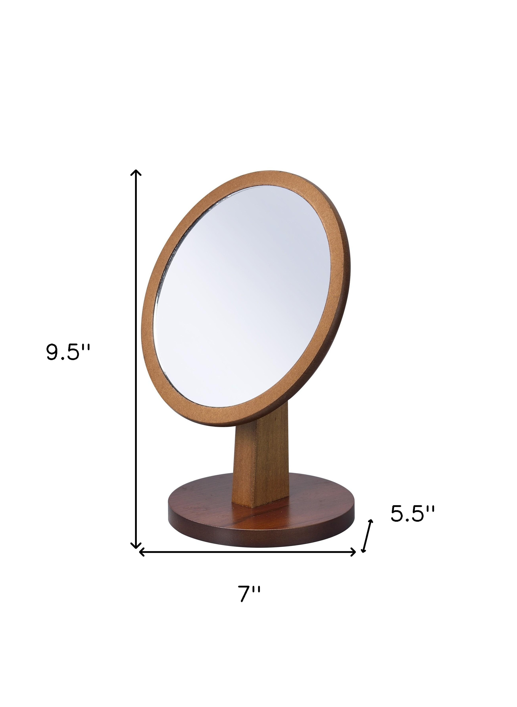 Walnut Finish Round Vanity Mirror On Pedestal