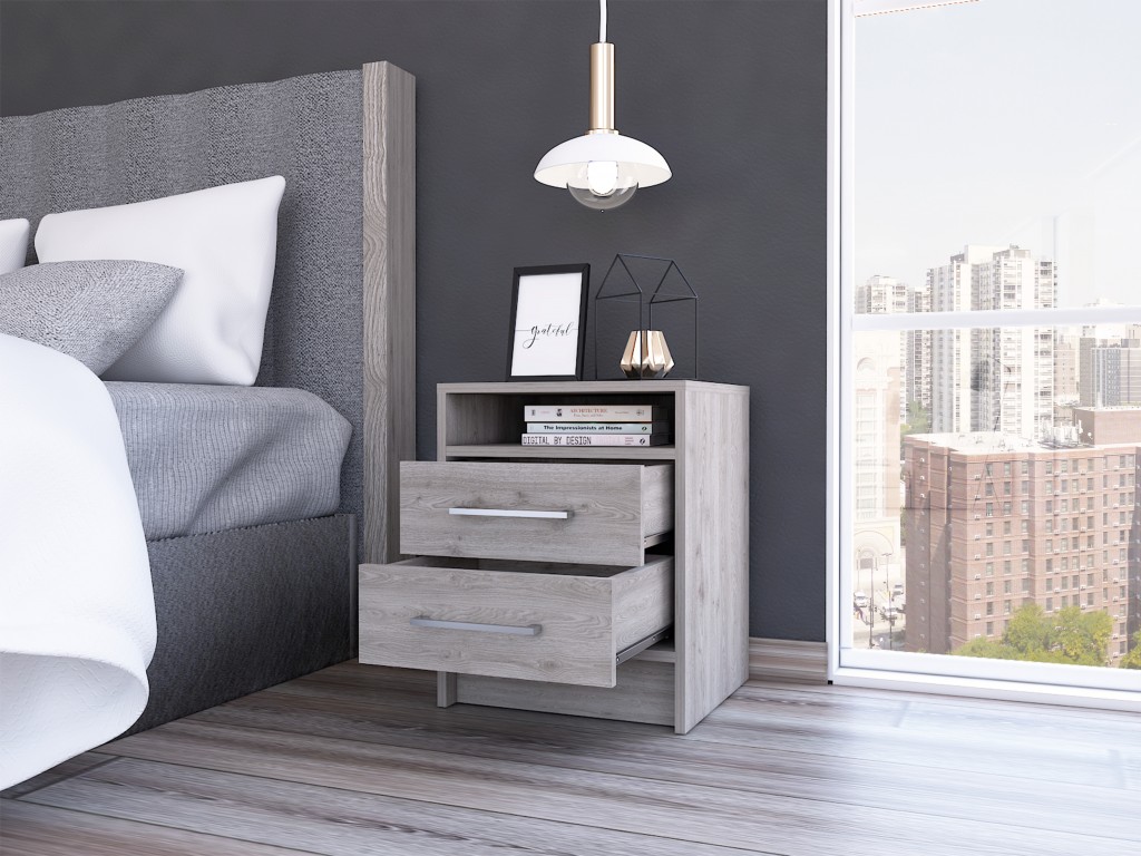 Light Grey Open Compartment Two Drawer Nightstand