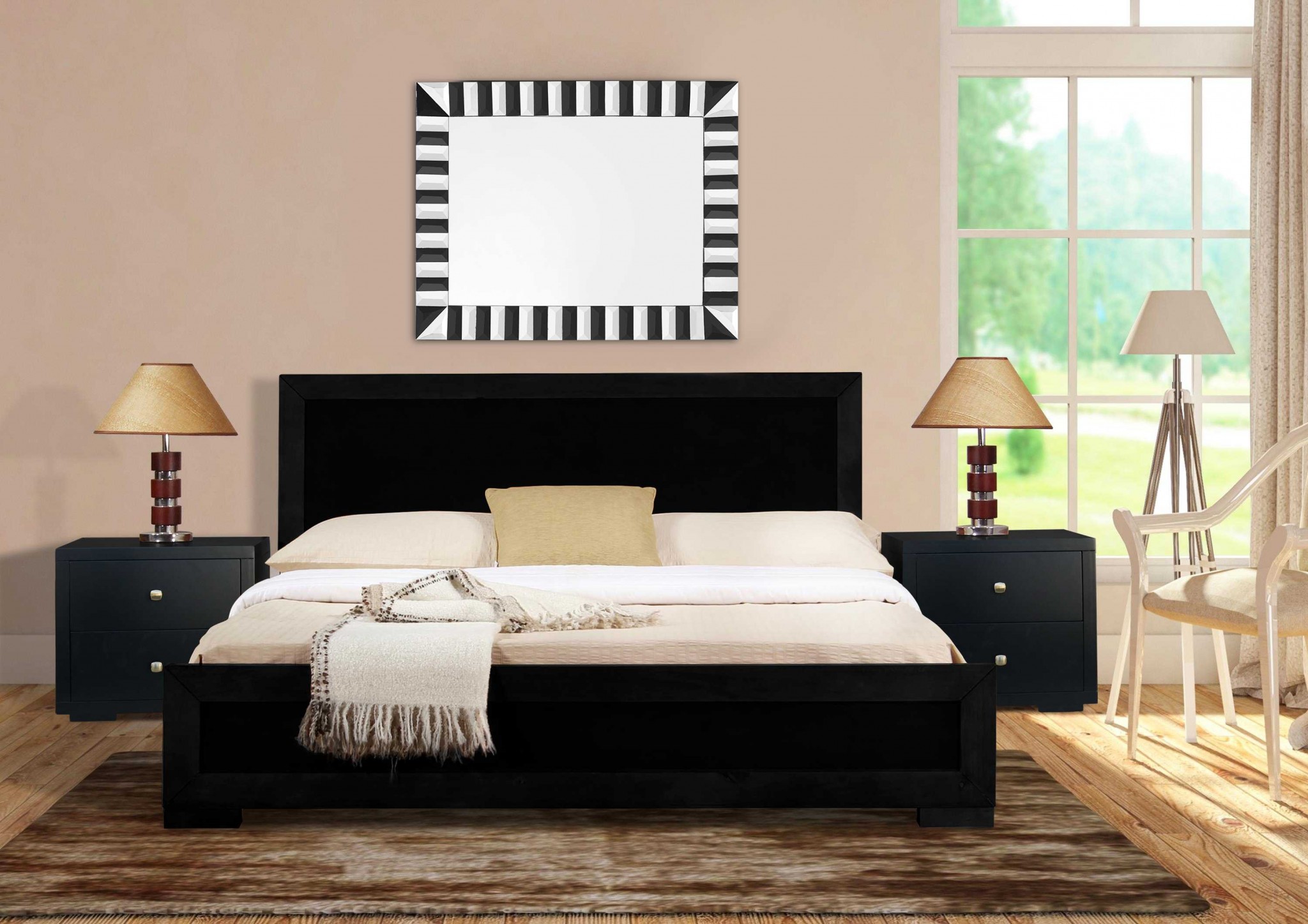 Moma Black Wood Platform King Bed With Two Nightstands