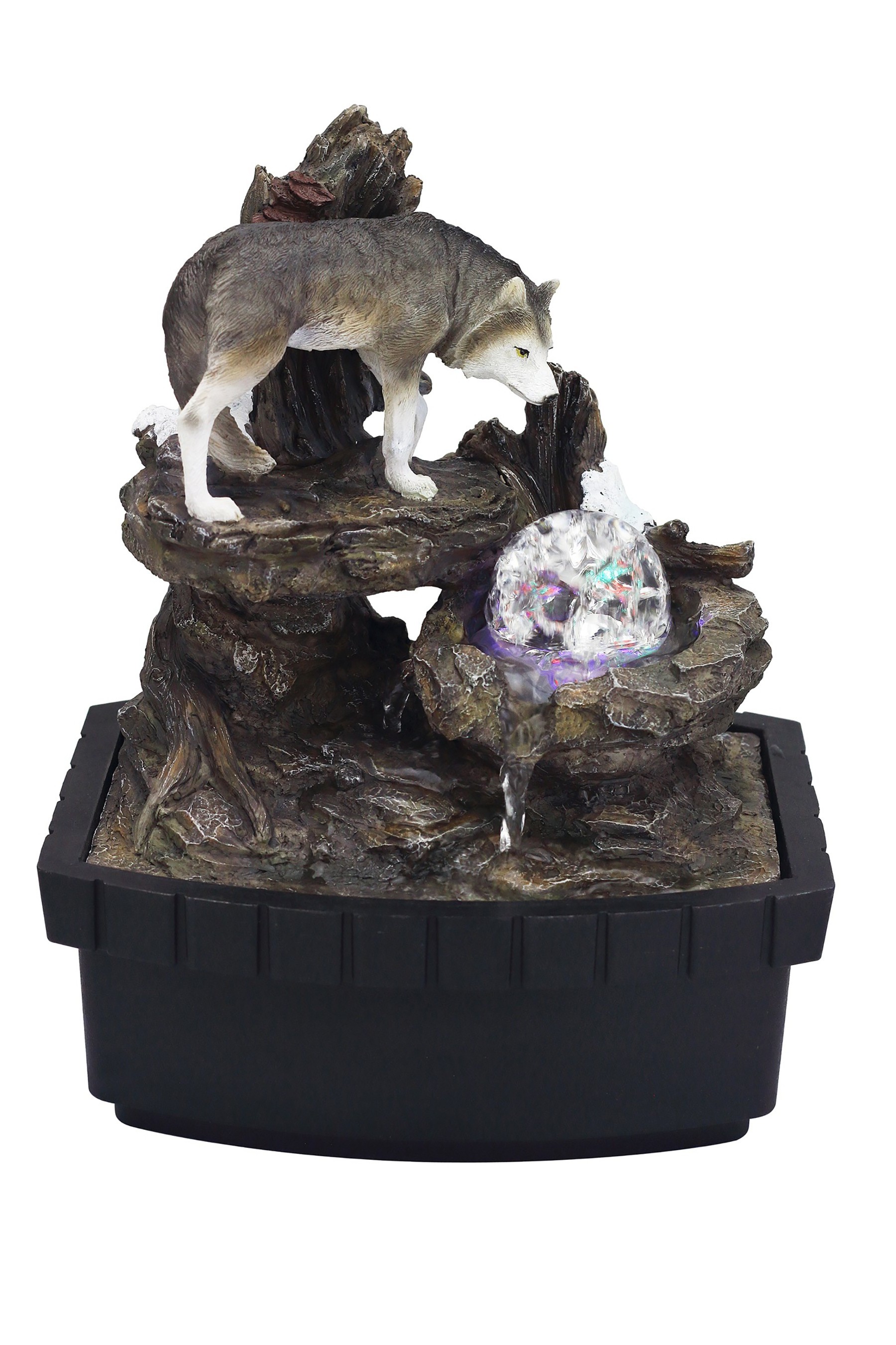 10"" Black Polyresin Wolf Tabletop Fountain Sculpture
