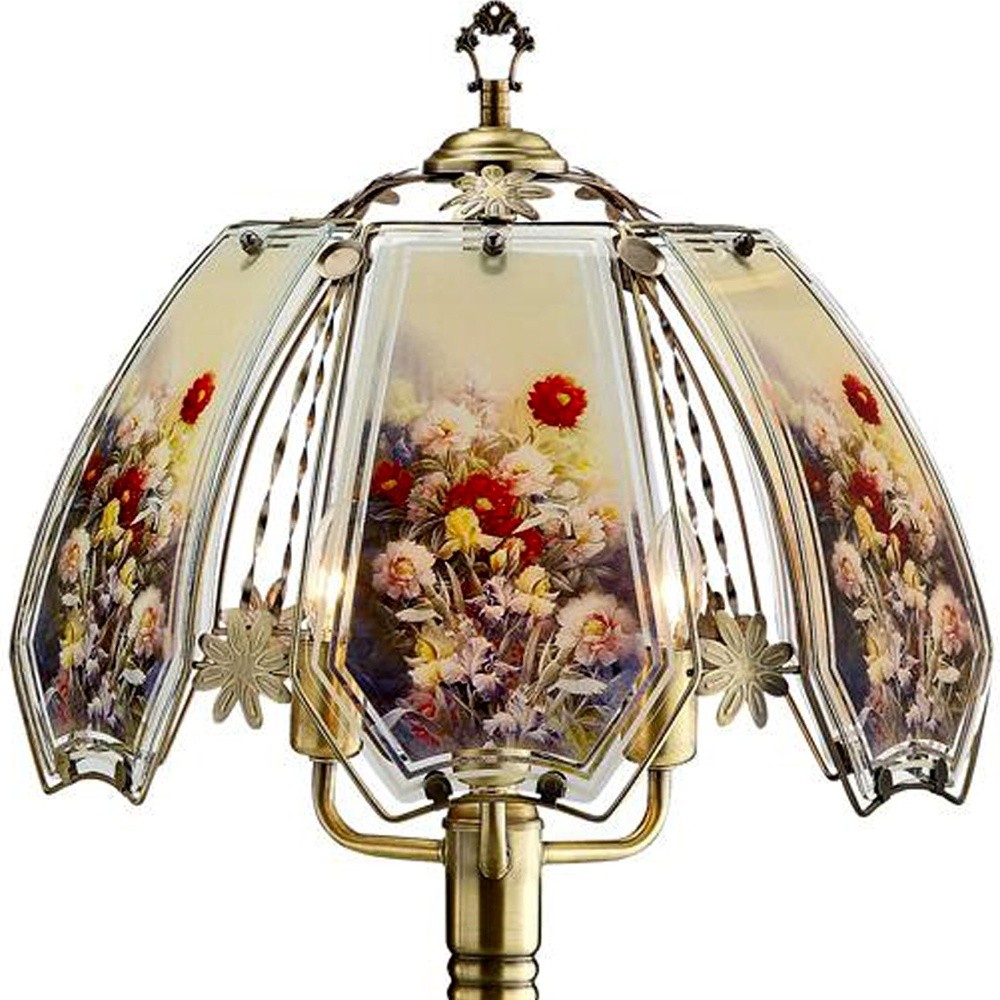 Antique Brass Table Lamp with Floral Glass Shade