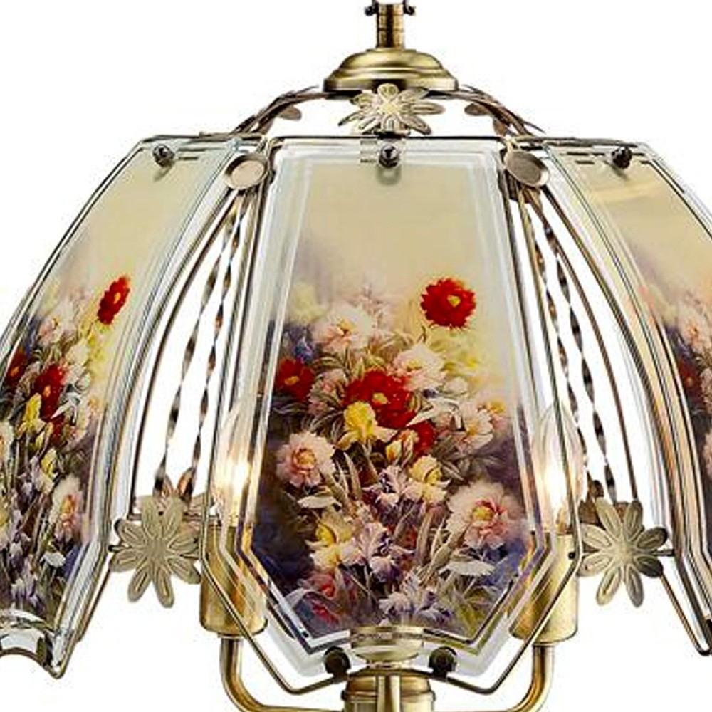 Antique Brass Table Lamp with Floral Glass Shade