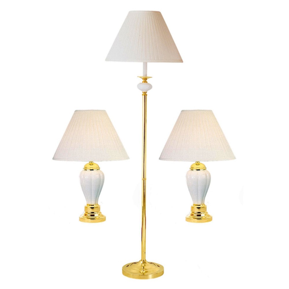 Set Of Three 64" Gold and White Ceramic Bedside Floor and Table Lamp Set With Off White Empire Shade-468624-1