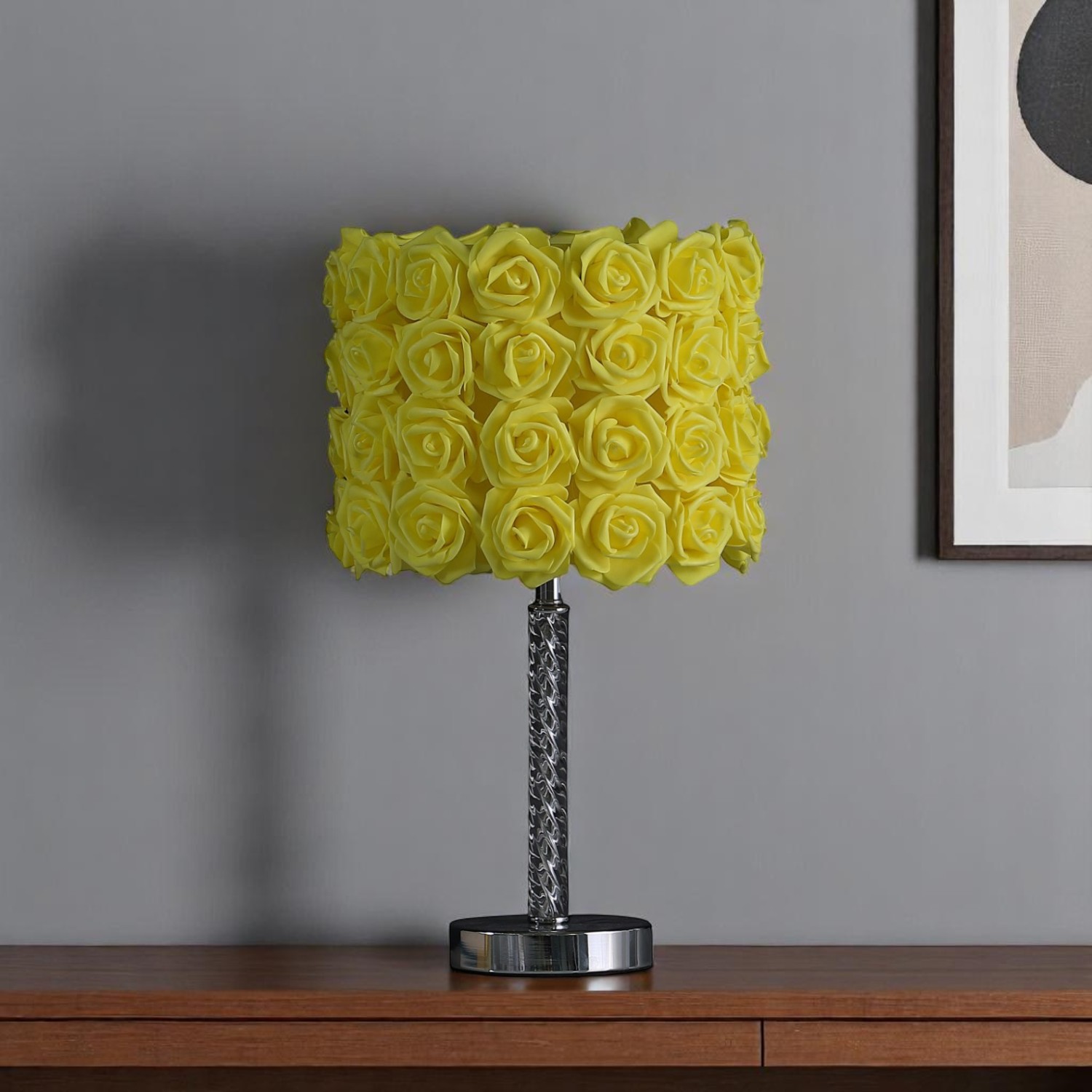 18" Silver Bedside Table Lamp With Yellow Flowers Drum Shade-468746-1