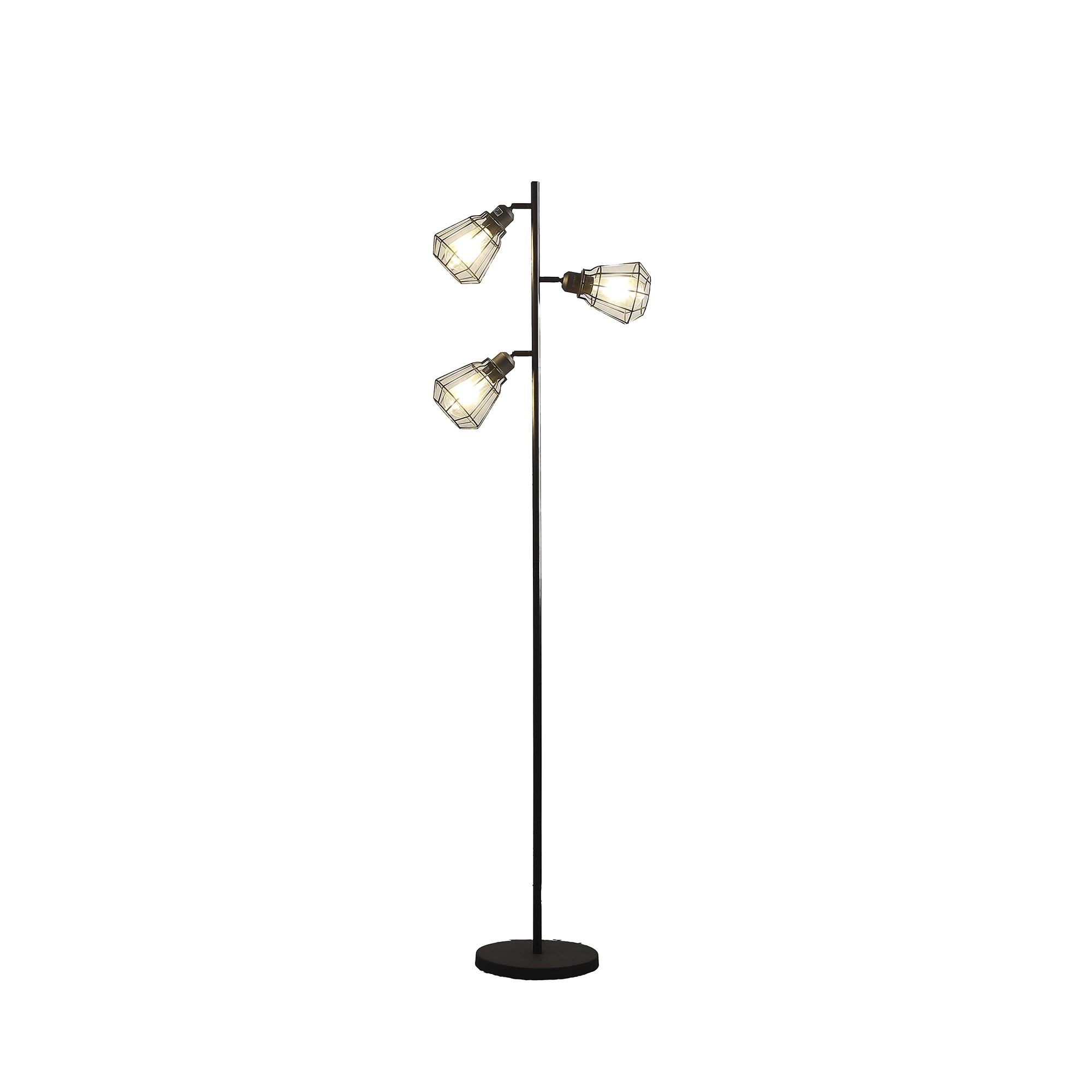 66" Black Three Light Tree Floor Lamp With Black Metal Cage Shade