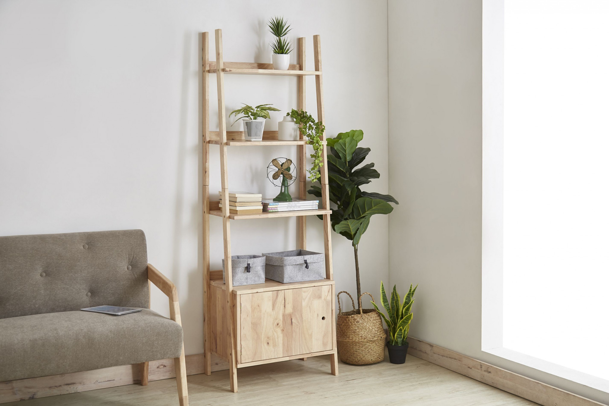 Natural Ladder Book Shelves and Cabinet
