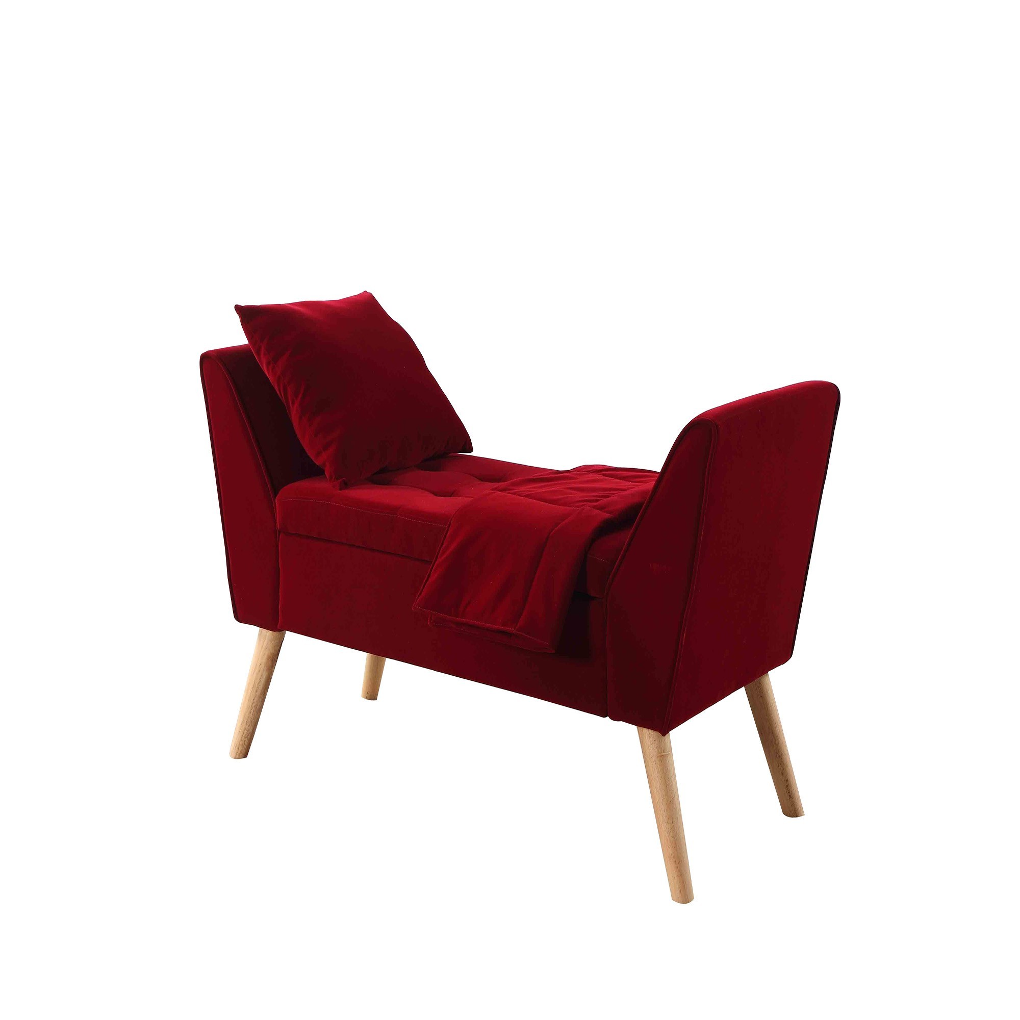 Deep Red Modern Flair Storage Bench with Pillow and Blanket