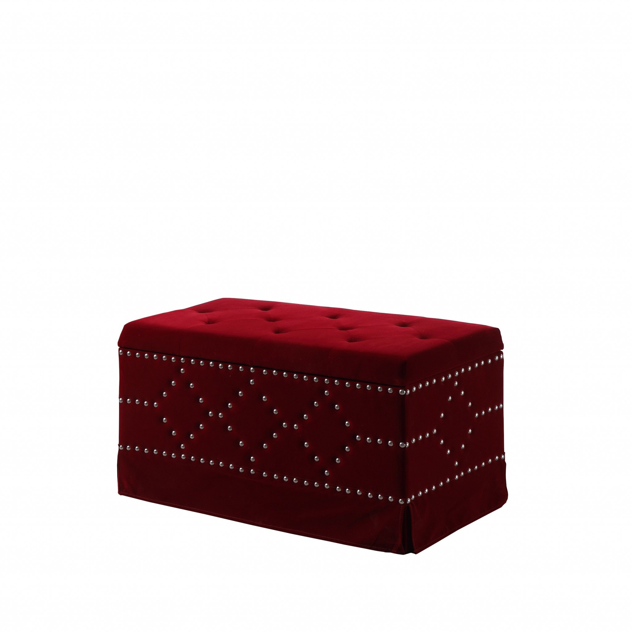 Deep Red Velvet Nailhead Storage Bench with Ottomans