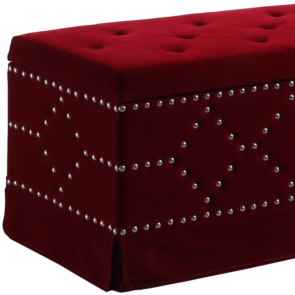 Deep Red Velvet Nailhead Storage Bench with Ottomans