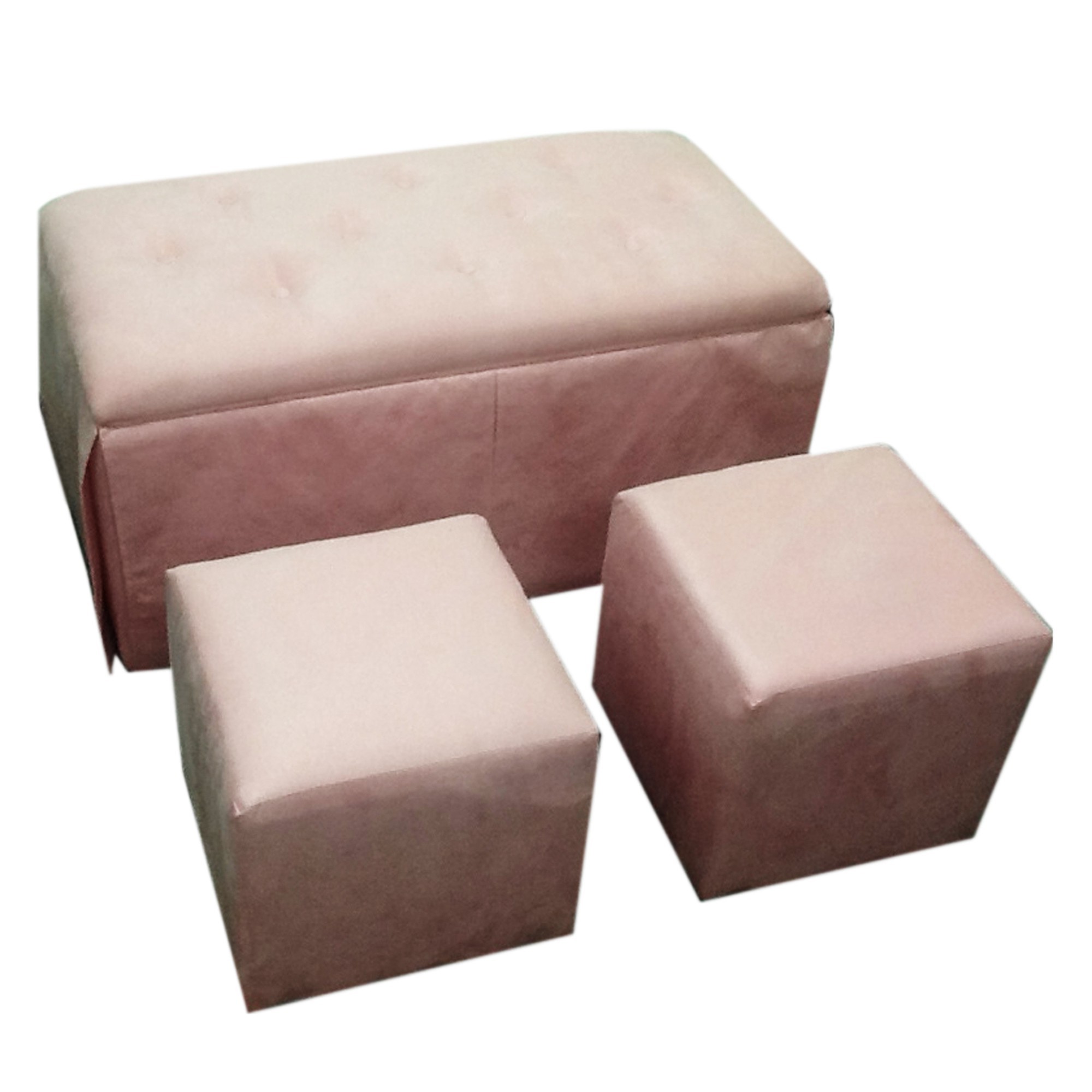 Set of Three Pink Microfiber Storage Bench and Ottomans
