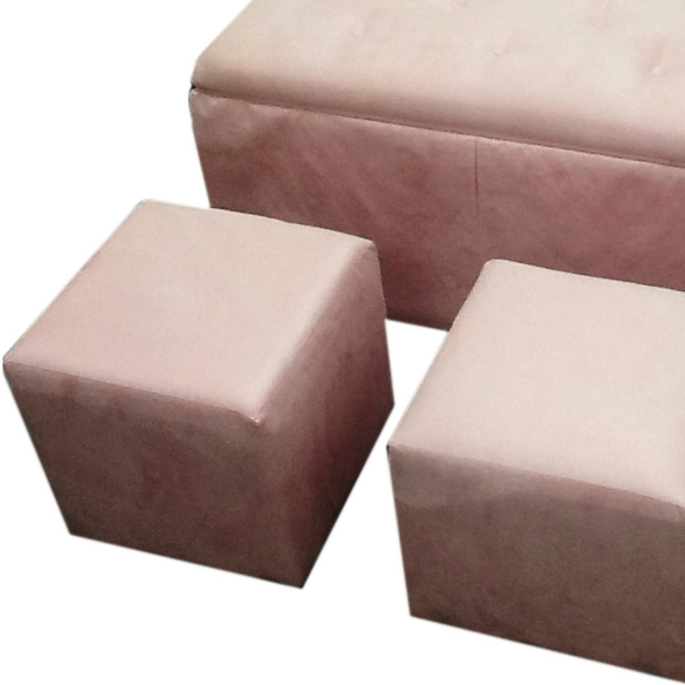 Set of Three Pink Microfiber Storage Bench and Ottomans