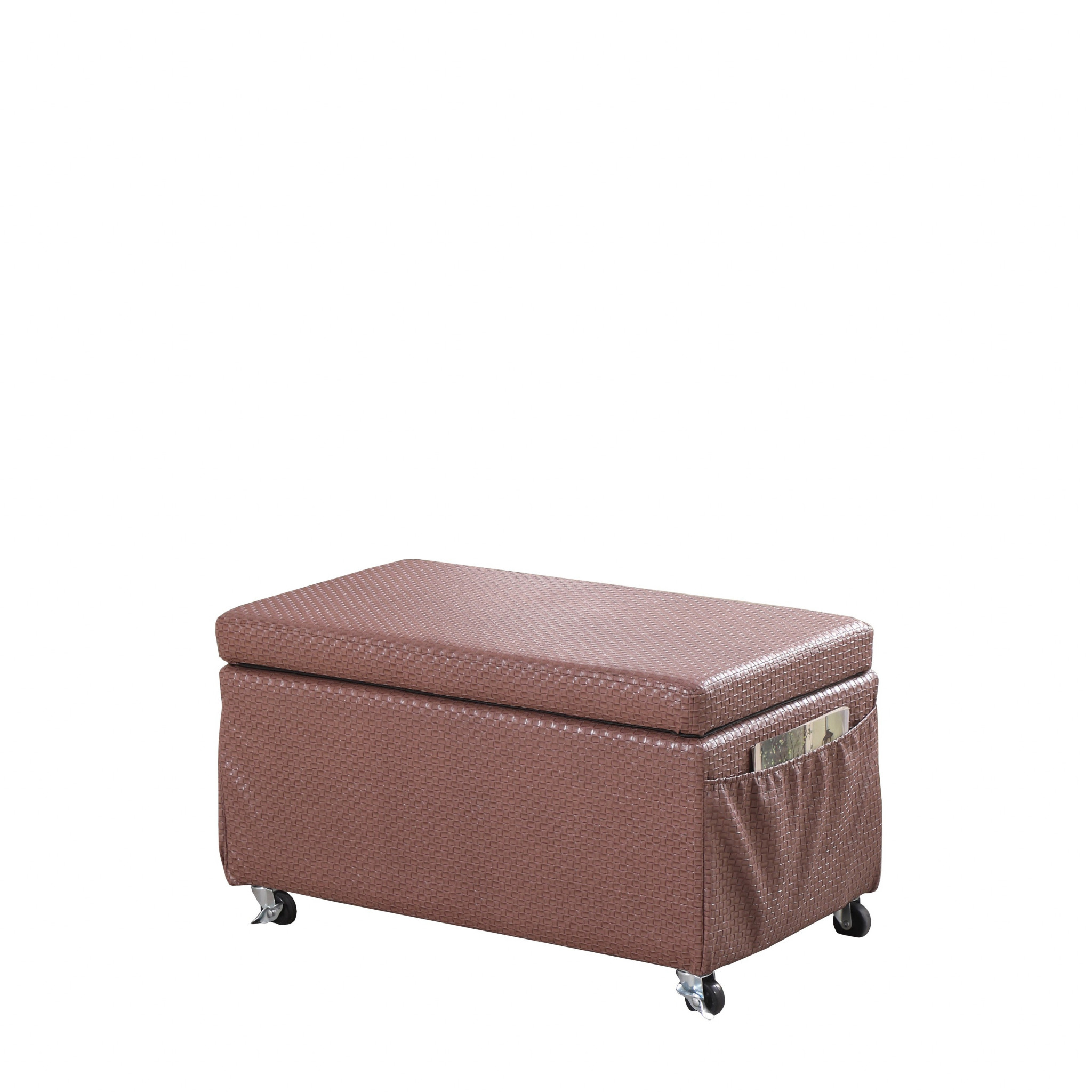 Brown Weave Faux Leather Rolling Storage Ottoman with Pockets