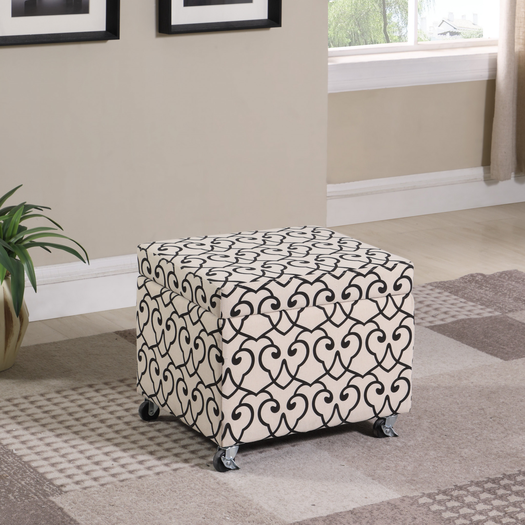 Black and Ivory Morroccan Heart Rolling Storage Ottoman