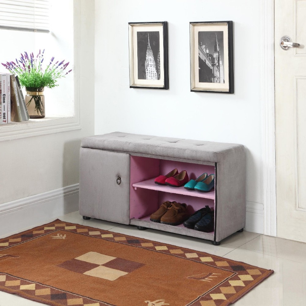 Light Gray And Pink Tufted Shoe Storage Bench