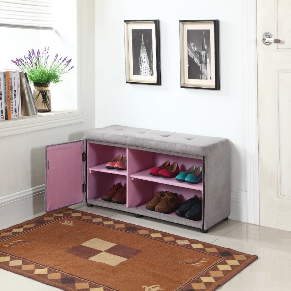 Light Gray And Pink Tufted Shoe Storage Bench