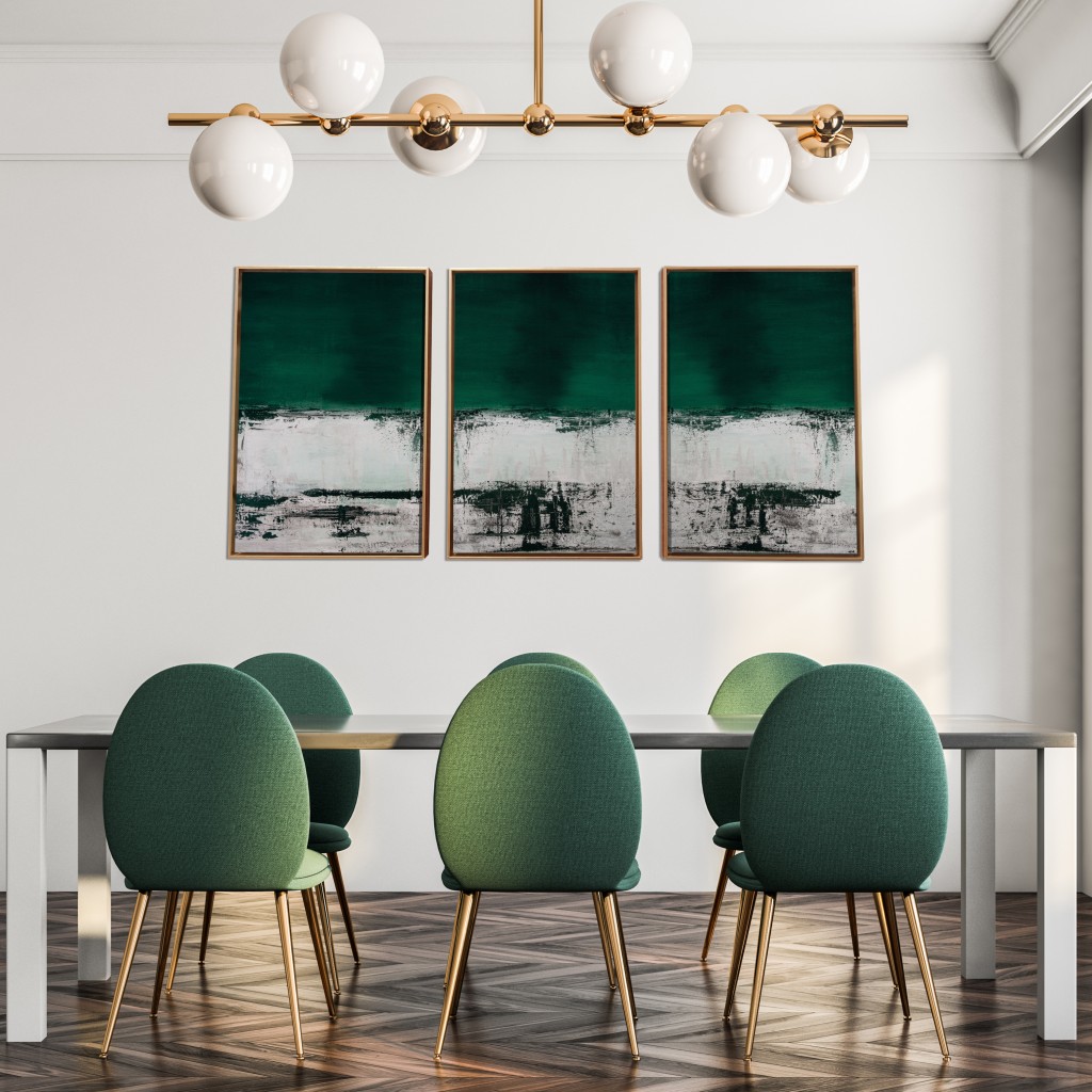 Three Piece Deep Green Black And White Abstract Canvas Wall Art
