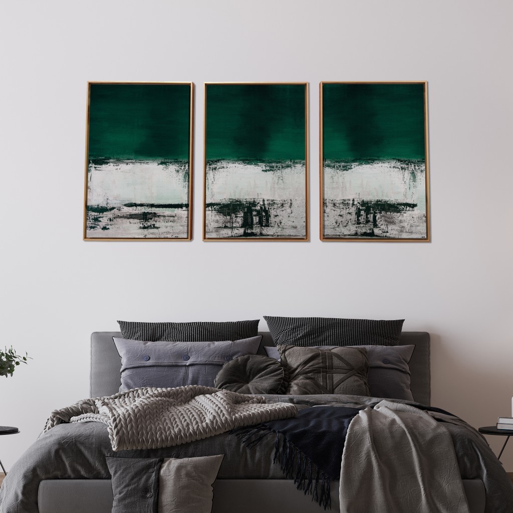 Three Piece Deep Green Black And White Abstract Canvas Wall Art