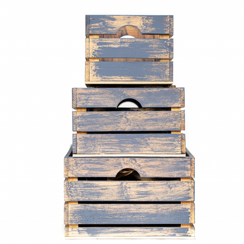Set of Three Organic Charcoal and Natural Distressed Wood Stacking Milk Crates